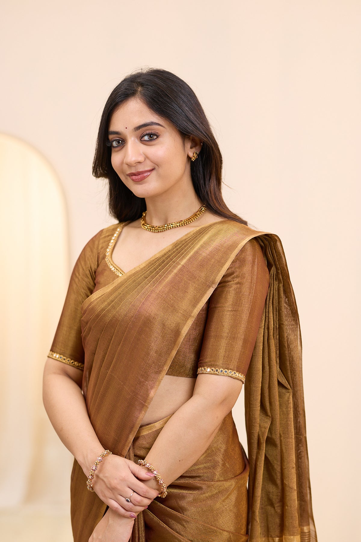 Bronzed Twilight Maheshwari Tissue Silk Cotton Saree