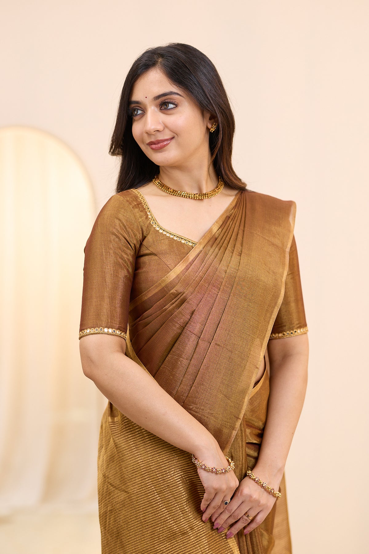Bronzed Twilight Maheshwari Tissue Silk Cotton Saree