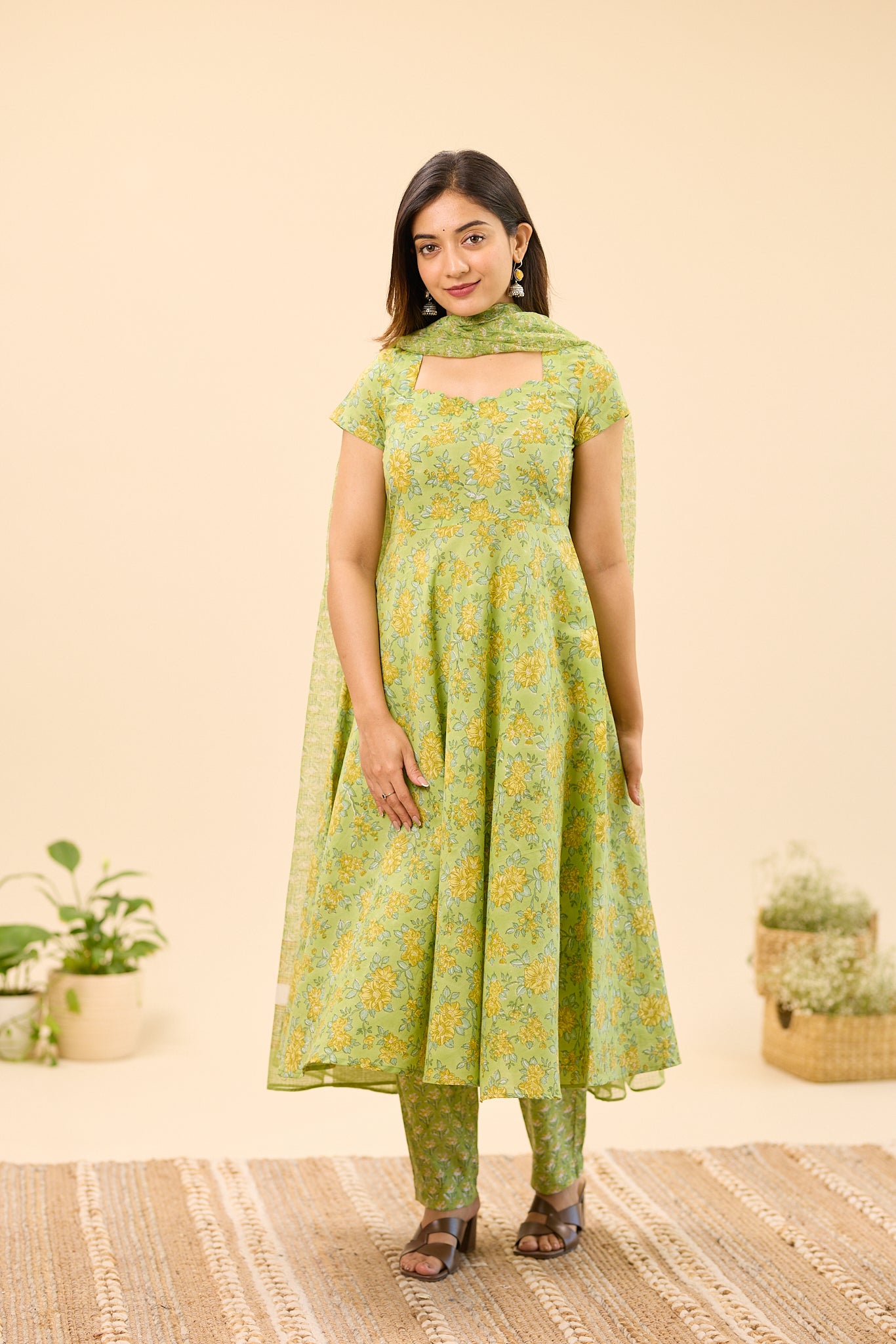 Pistachio Green with Yellow Floral Hand Block Printed Kota Dupatta