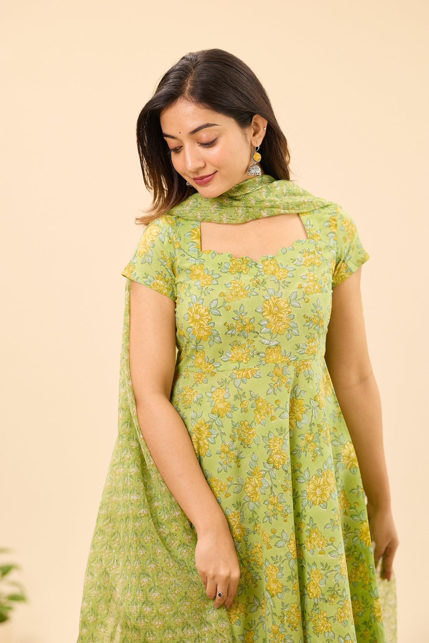 Pistachio Green with Yellow Floral Hand Block Printed Kota Dupatta