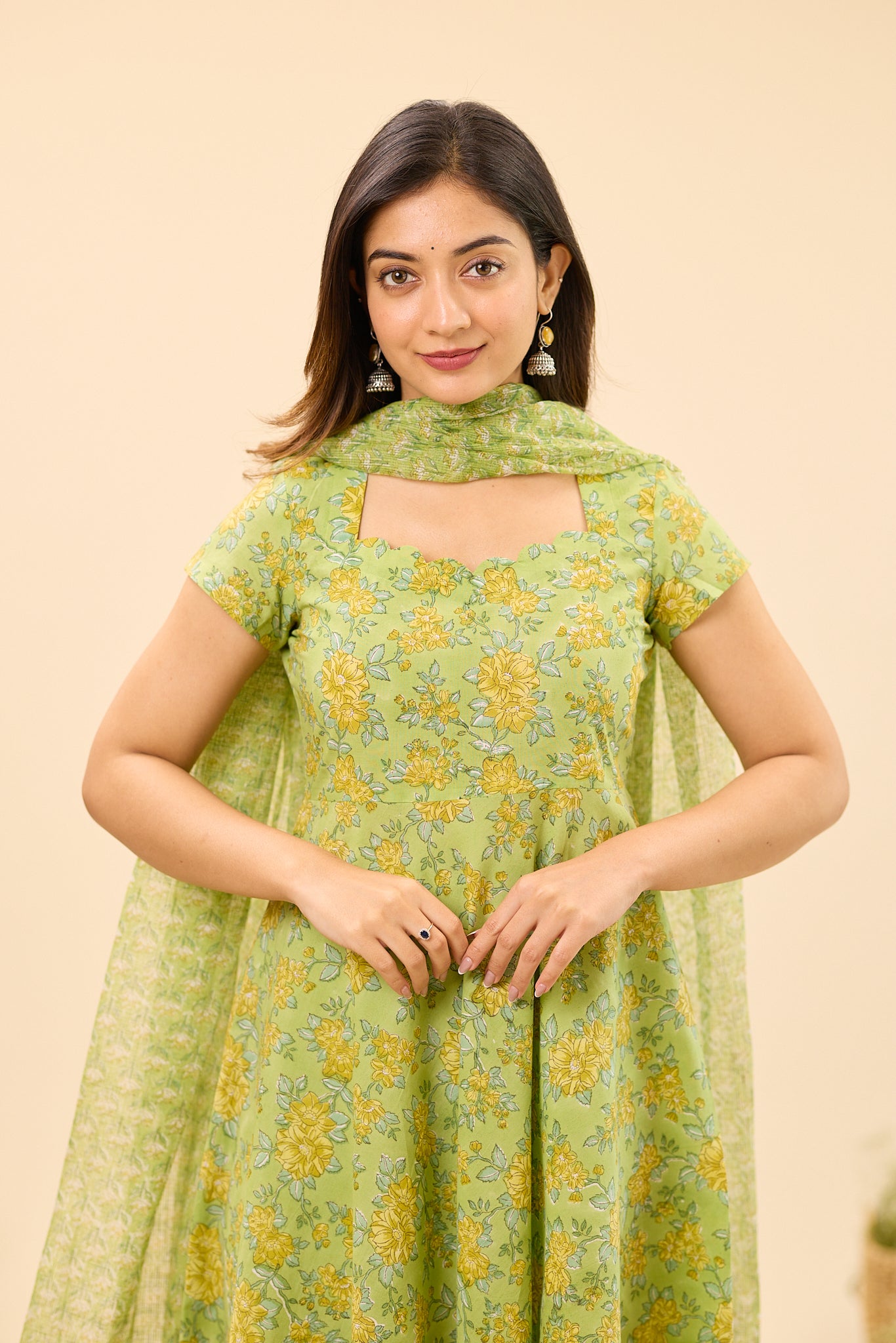Pistachio Green with Yellow Floral Hand Block Printed Cotton Anarkali Suit Set