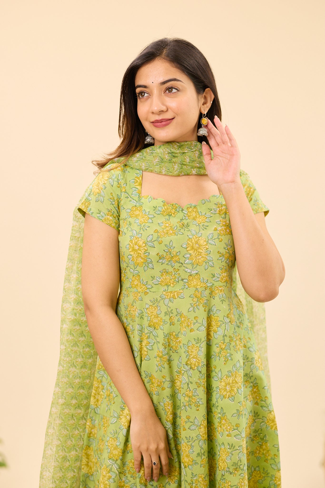 Pistachio Green with Yellow Floral Hand Block Printed Cotton Anarkali Suit Set
