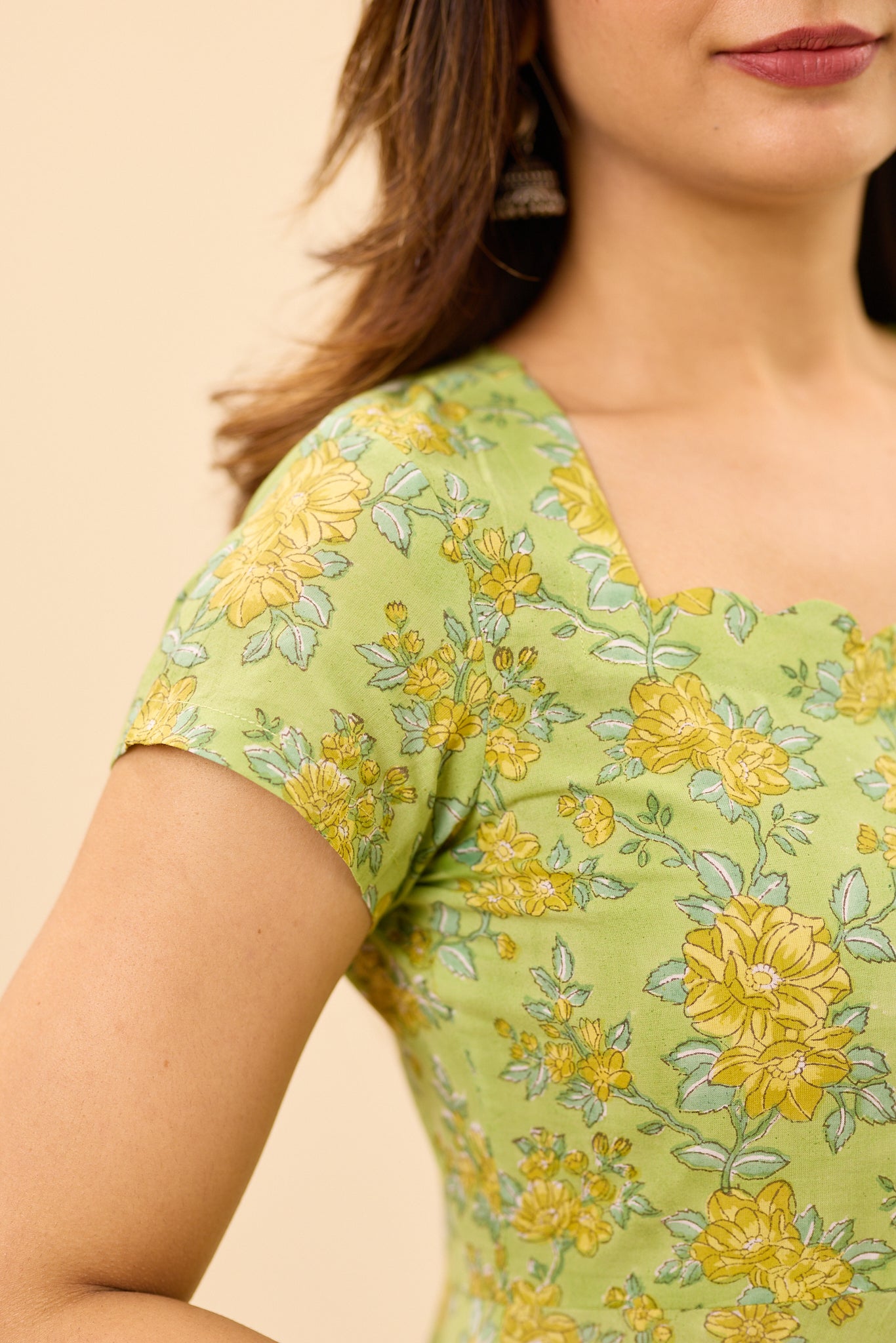 Pistachio Green with Yellow Floral Hand Block Printed Cotton Anarkali Suit Set