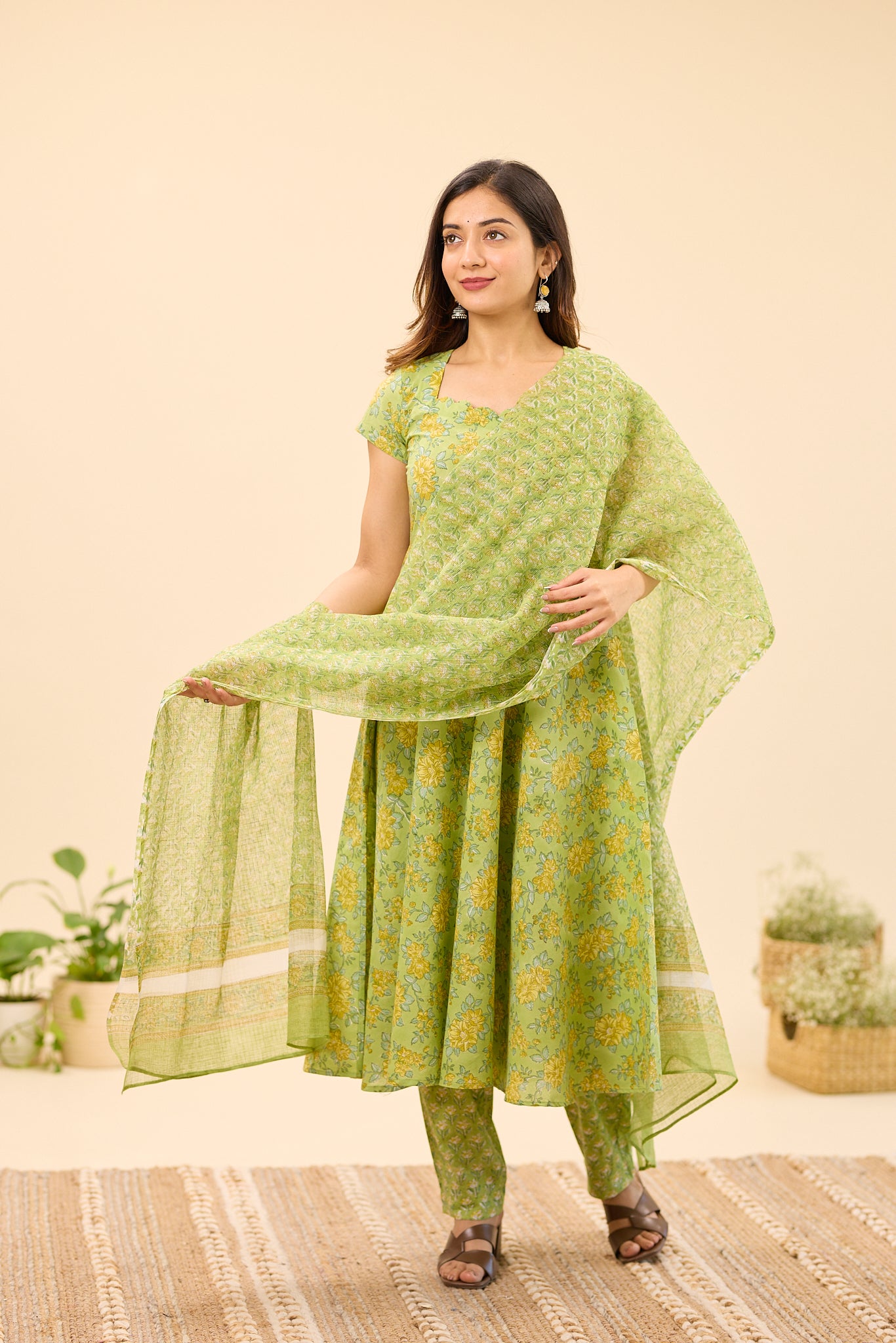 Pistachio Green with Yellow Floral Hand Block Printed Kota Dupatta