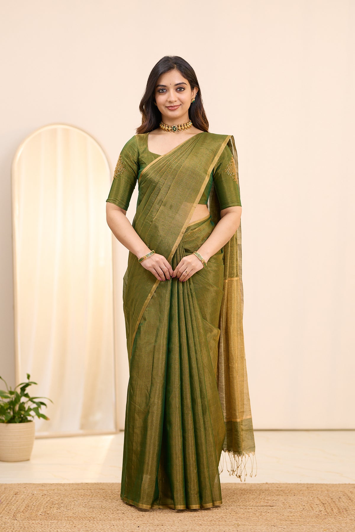 Antique Olive Maheshwari Tissue Silk Cotton Saree