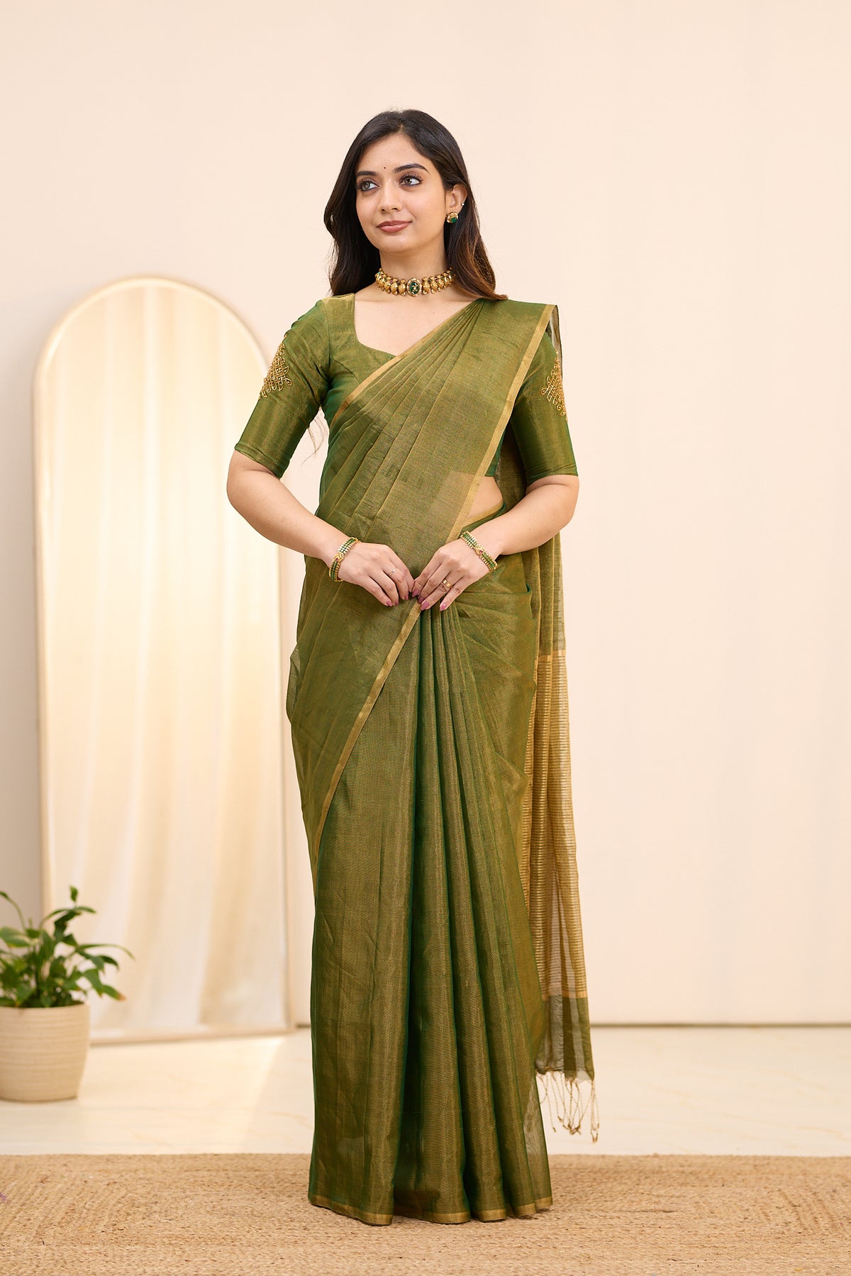 Antique Olive Maheshwari Tissue Silk Cotton Saree