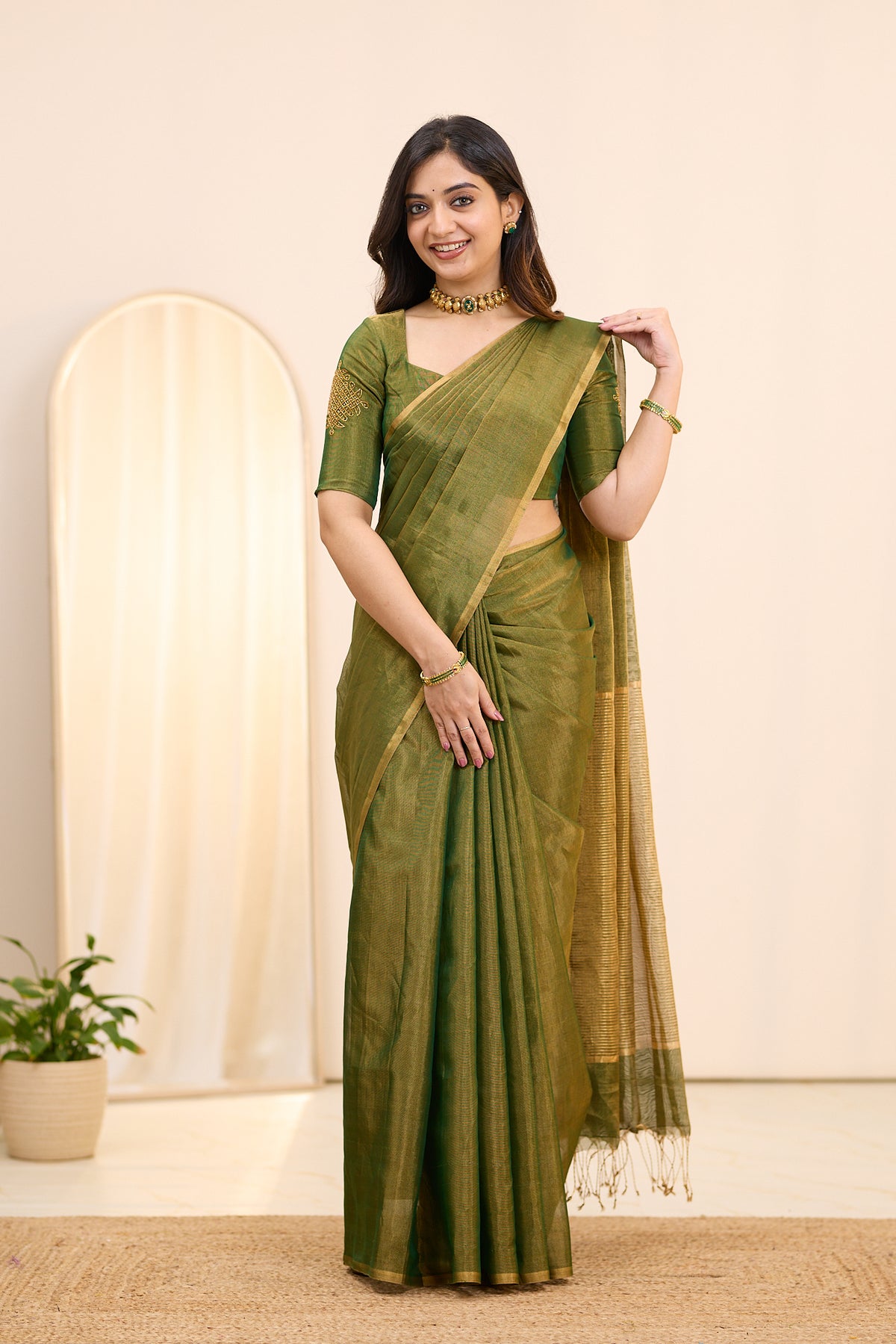 Antique Olive Maheshwari Tissue Silk Cotton Saree