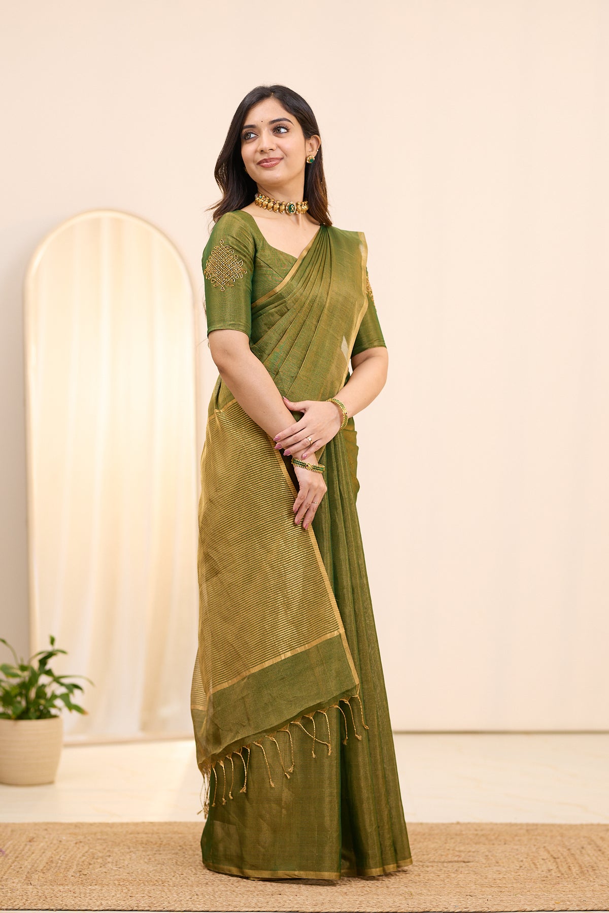 Antique Olive Maheshwari Tissue Silk Cotton Saree