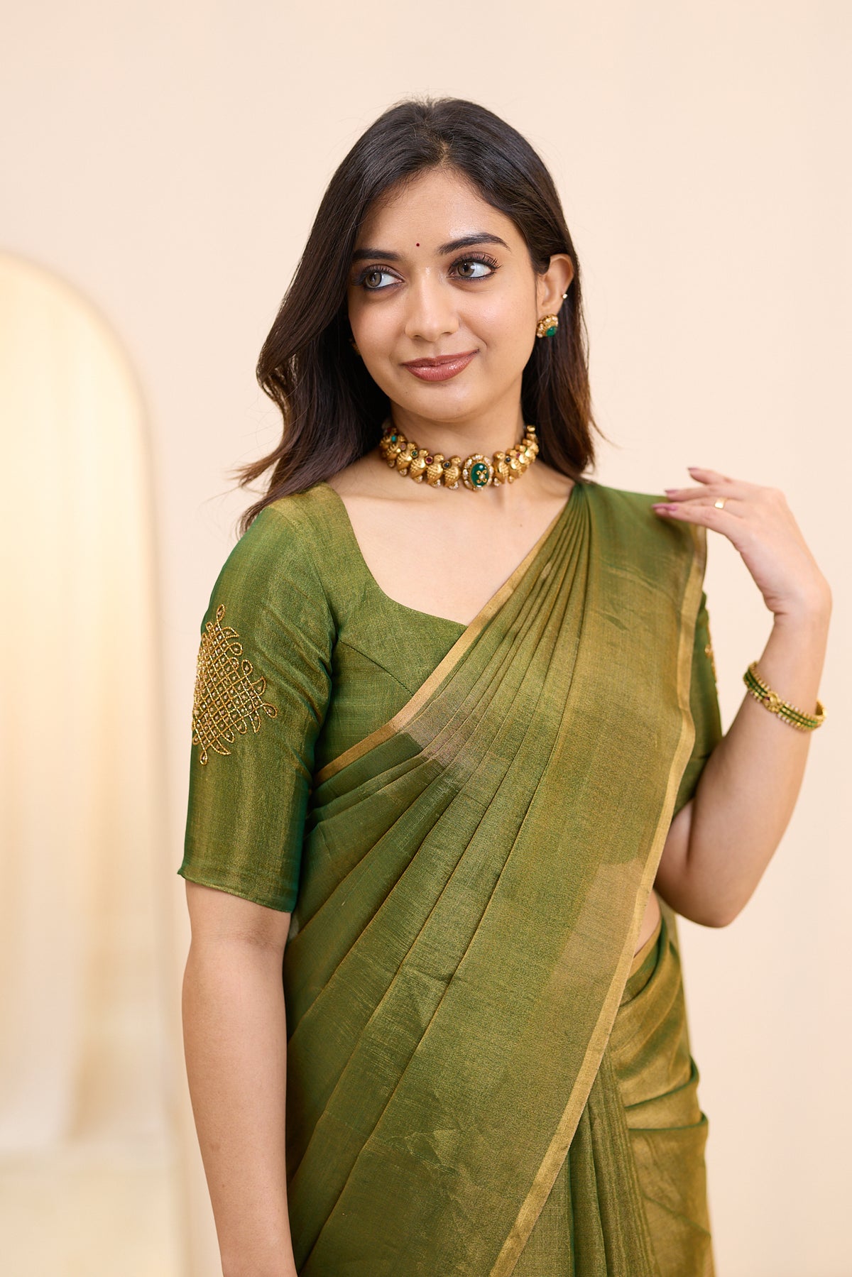 Antique Olive Maheshwari Tissue Silk Cotton Saree