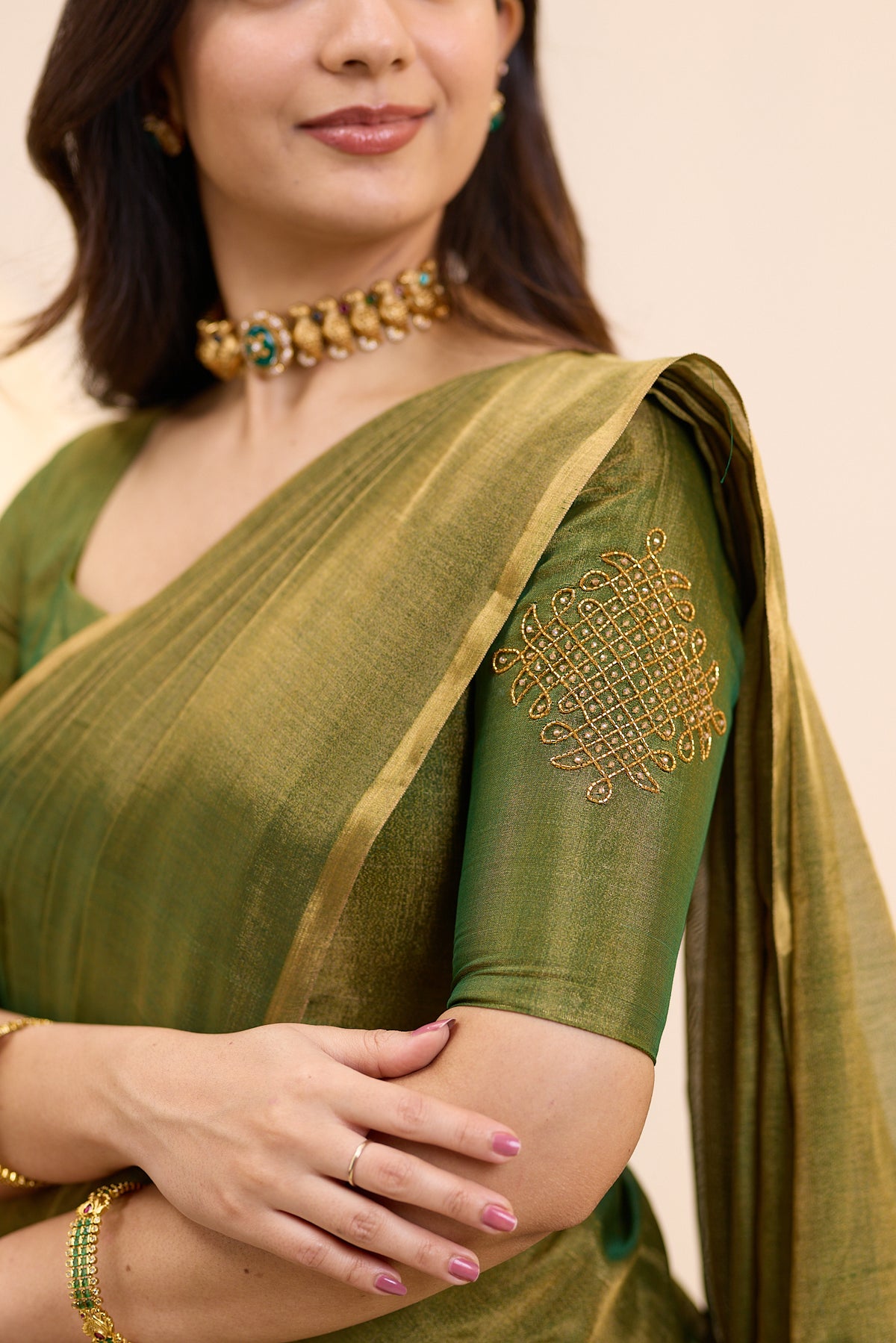 Antique Olive Maheshwari Tissue Silk Cotton Saree