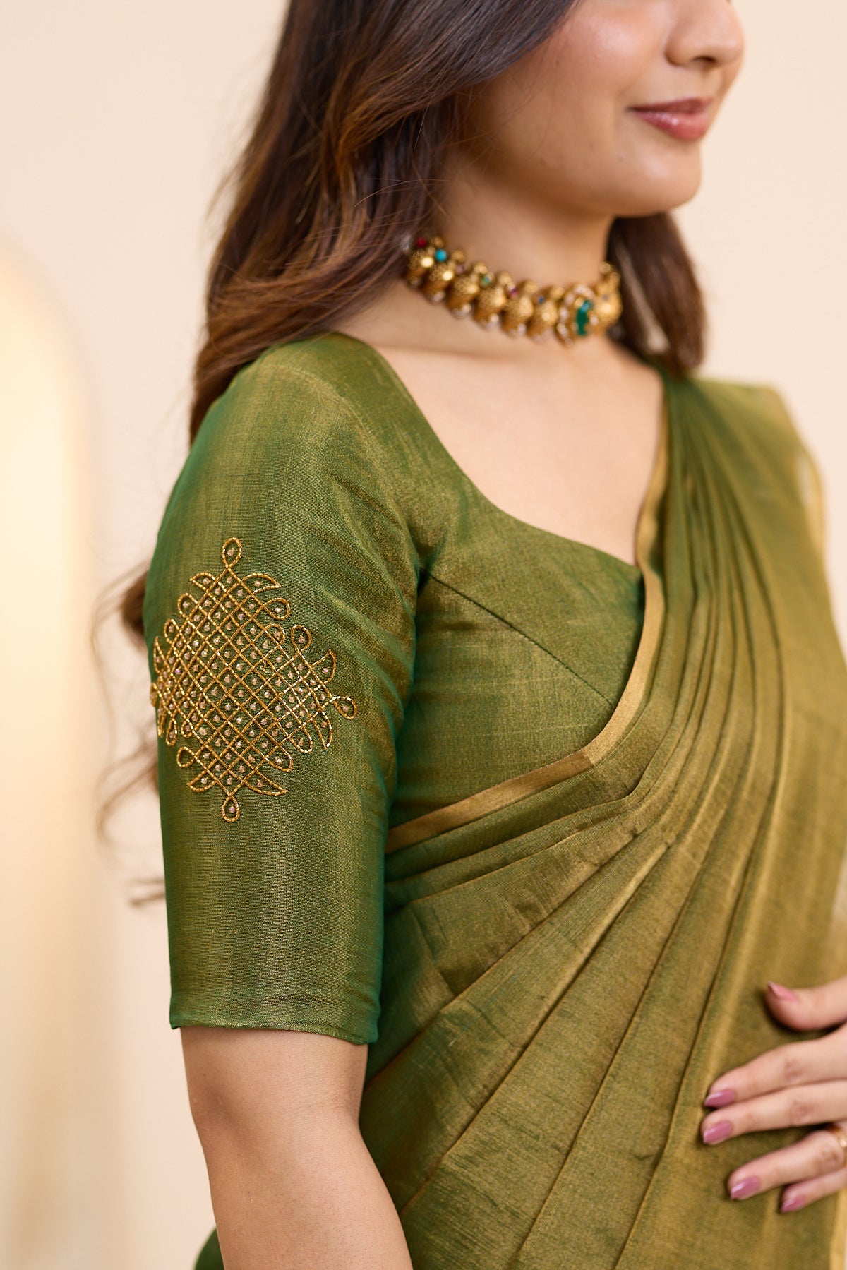 Antique Olive Maheshwari Tissue Silk Cotton Saree