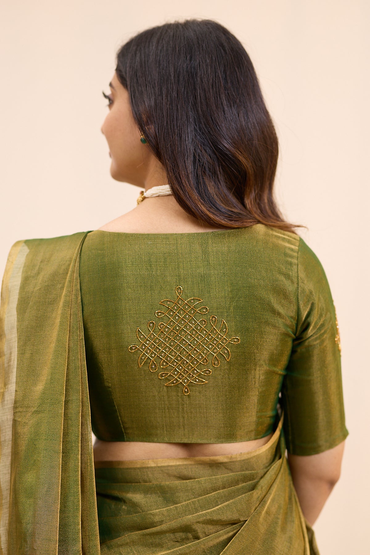 Antique Olive Maheshwari Tissue Silk Cotton Saree
