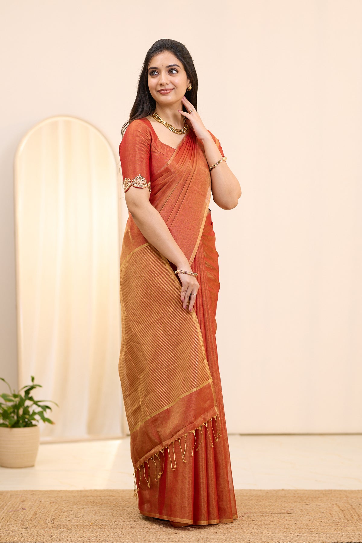 Terracotta Sunset Maheshwari Tissue Silk Cotton Saree
