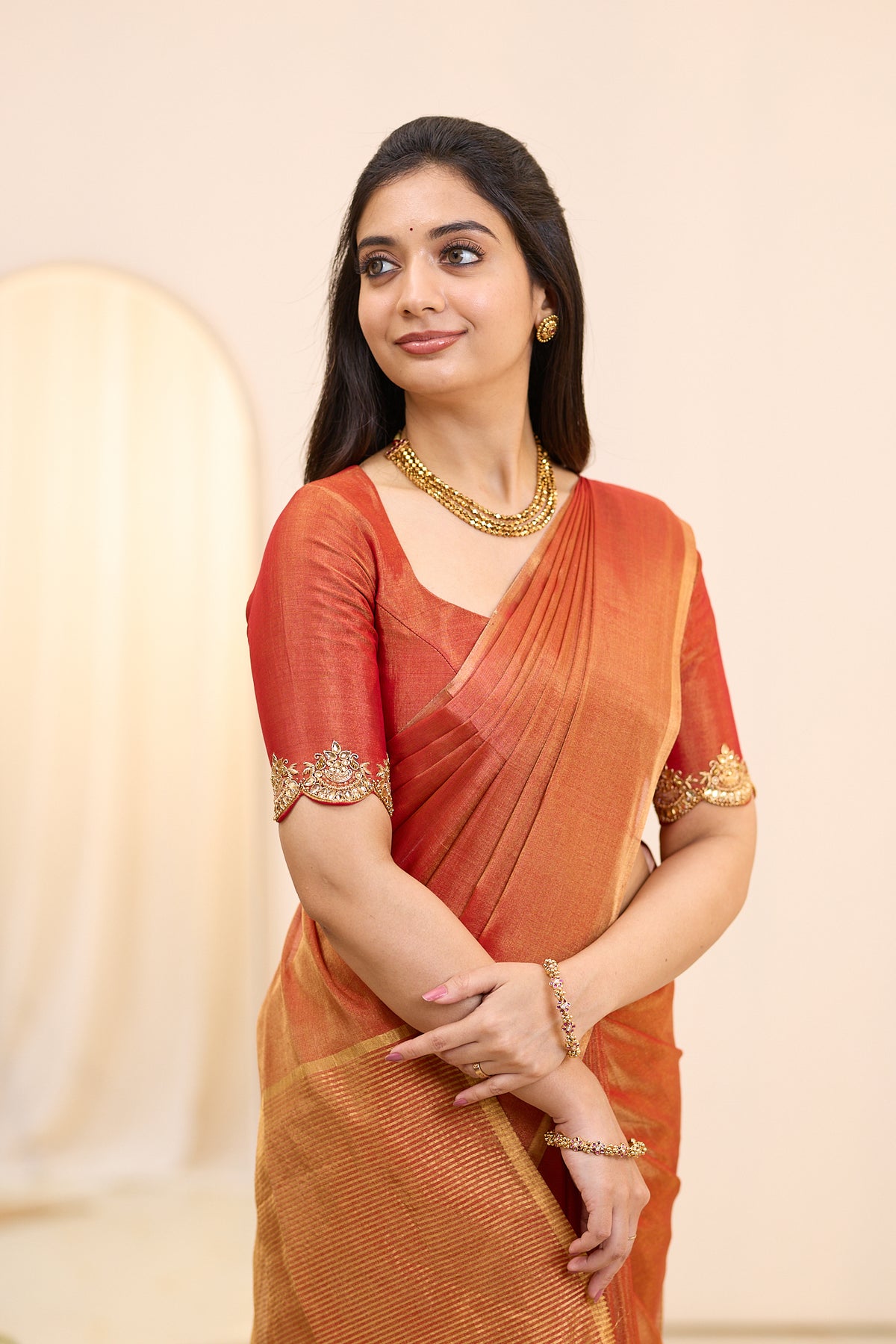 Terracotta Sunset Maheshwari Tissue Silk Cotton Saree