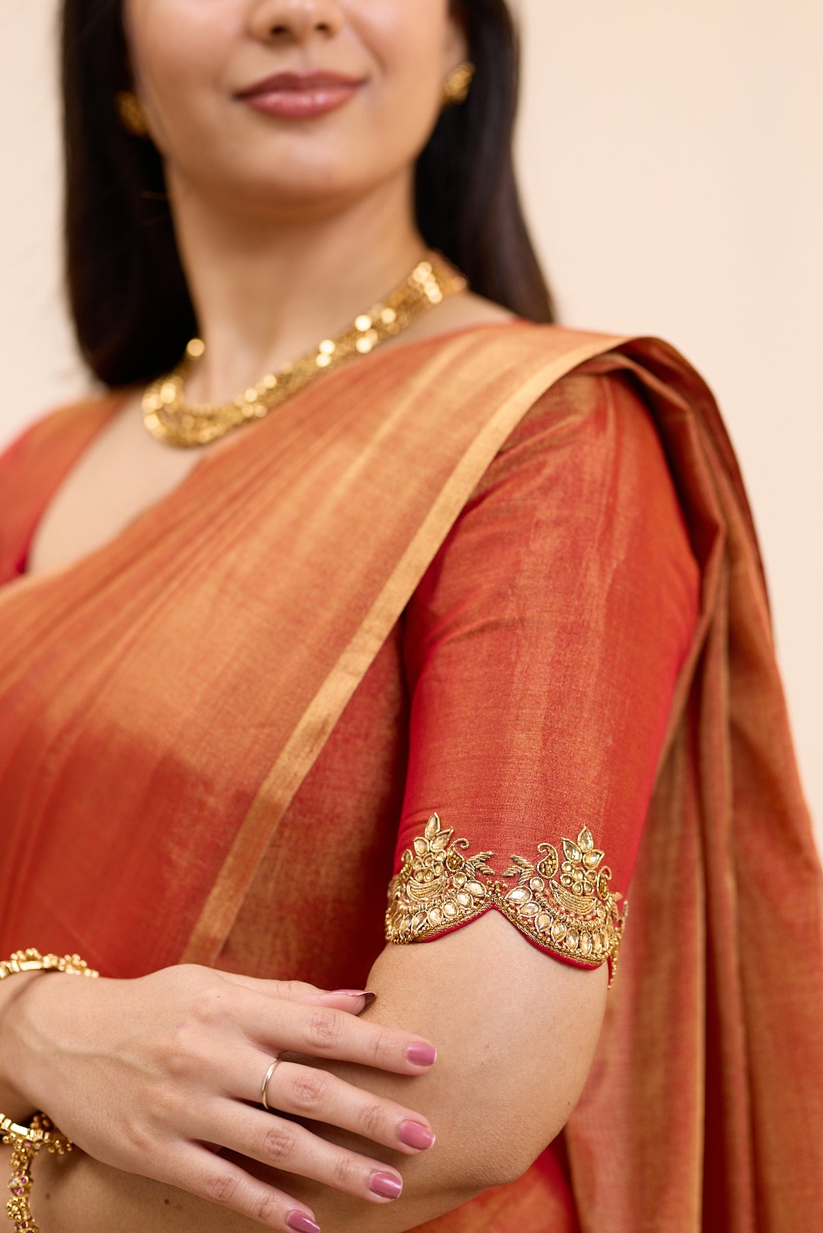 Terracotta Sunset Maheshwari Tissue Silk Cotton Saree