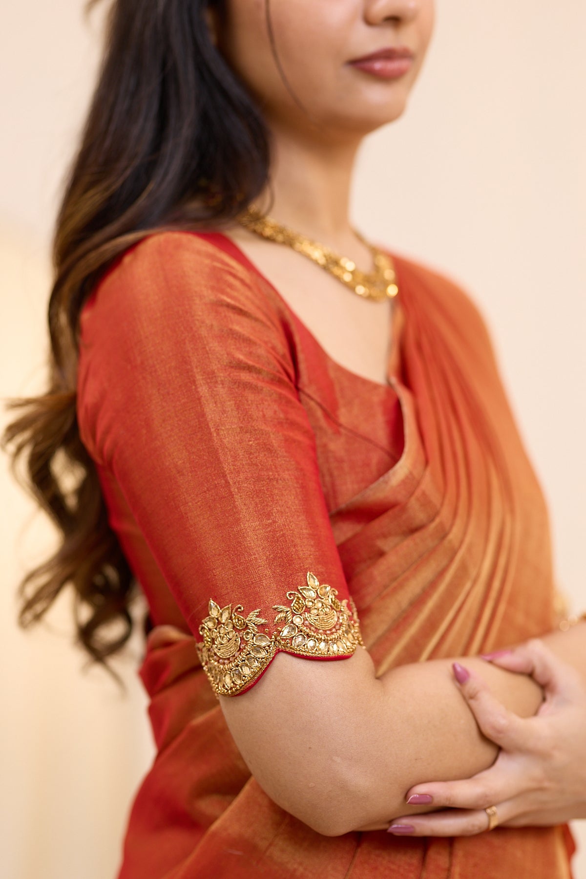 Terracotta Sunset Maheshwari Tissue Silk Cotton Saree