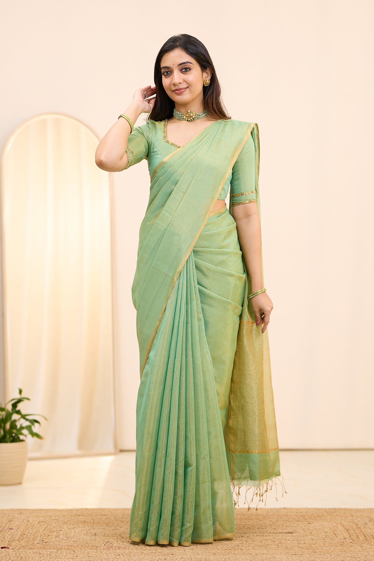Sage Mist Maheshwari Tissue Silk Cotton Saree