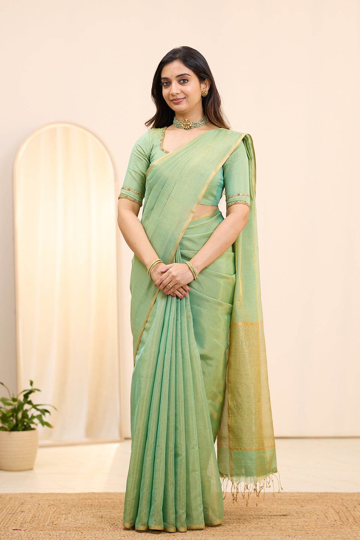 Sage Mist Maheshwari Tissue Silk Cotton Saree
