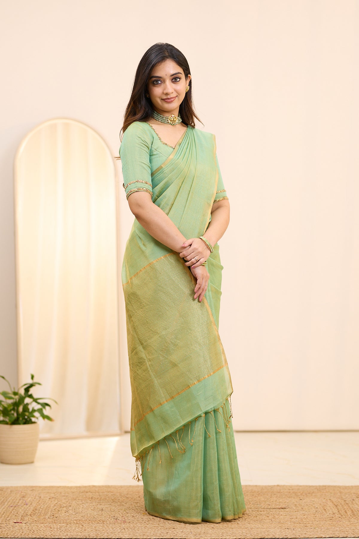 Sage Mist Maheshwari Tissue Silk Cotton Saree