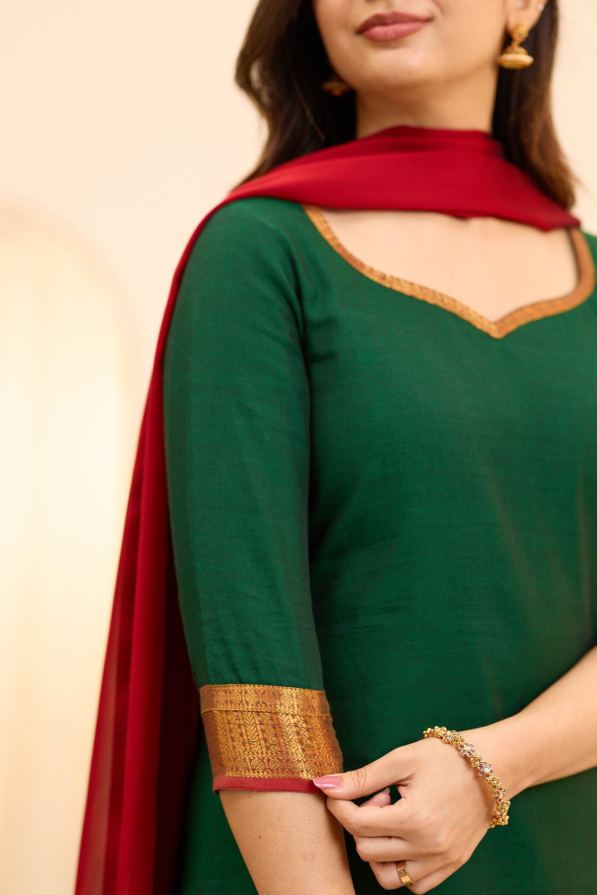 Traditional Green Chettinad Cotton Top and Dupatta