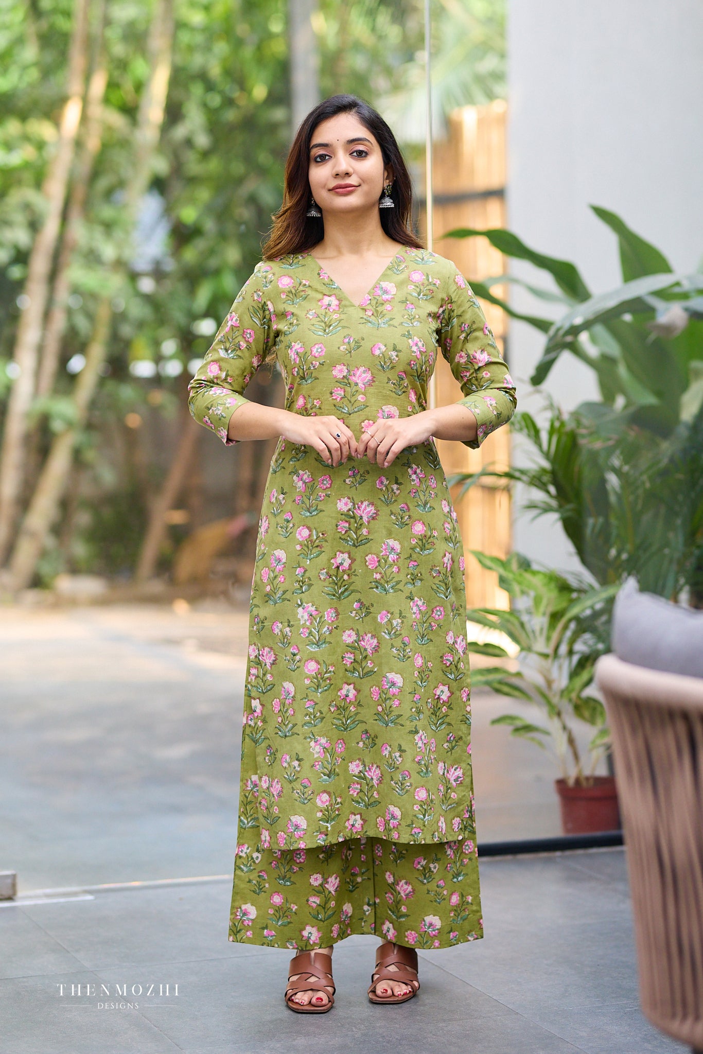 Fresh Olive Block Print Co-ord Set with Back Corset Lacing