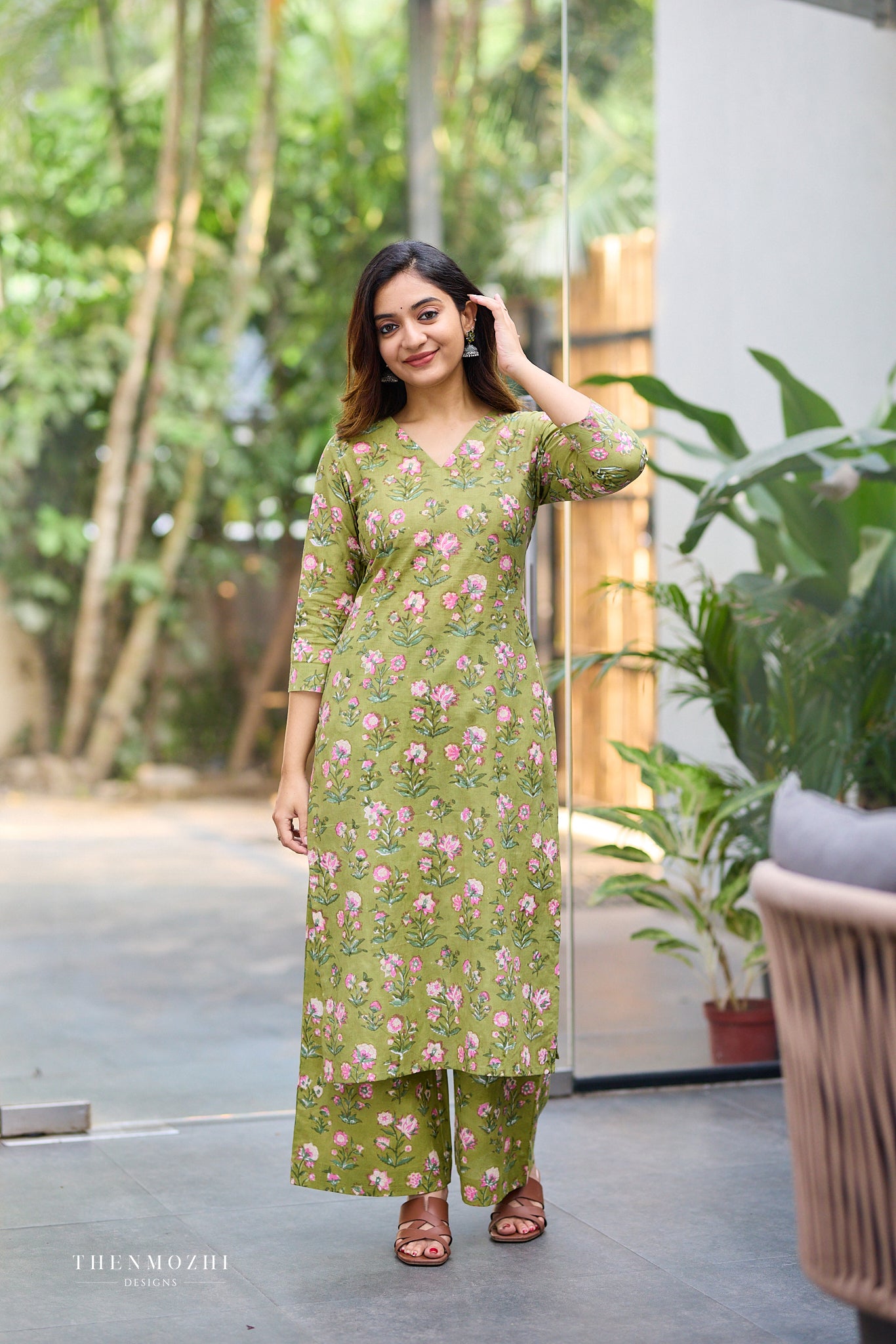 Fresh Olive Block Print Co-ord Set with Back Corset Lacing