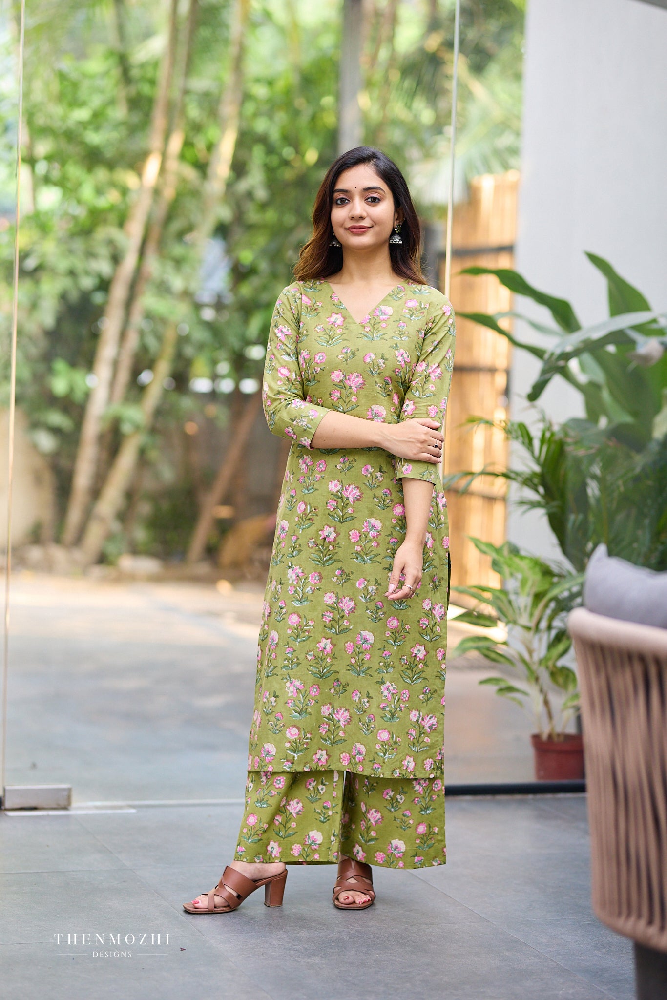 Fresh Olive Block Print Co-ord Set with Back Corset Lacing