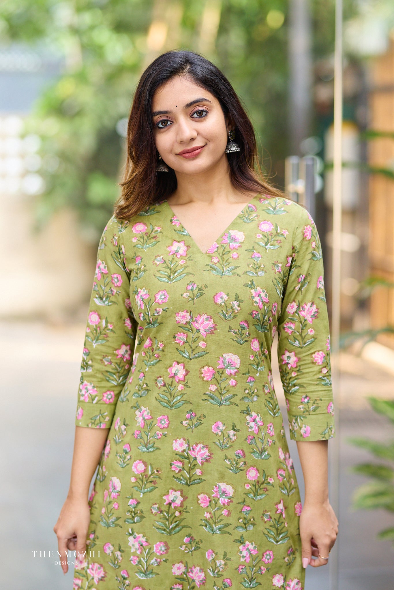 Fresh Olive Block Print Co-ord Set with Back Corset Lacing