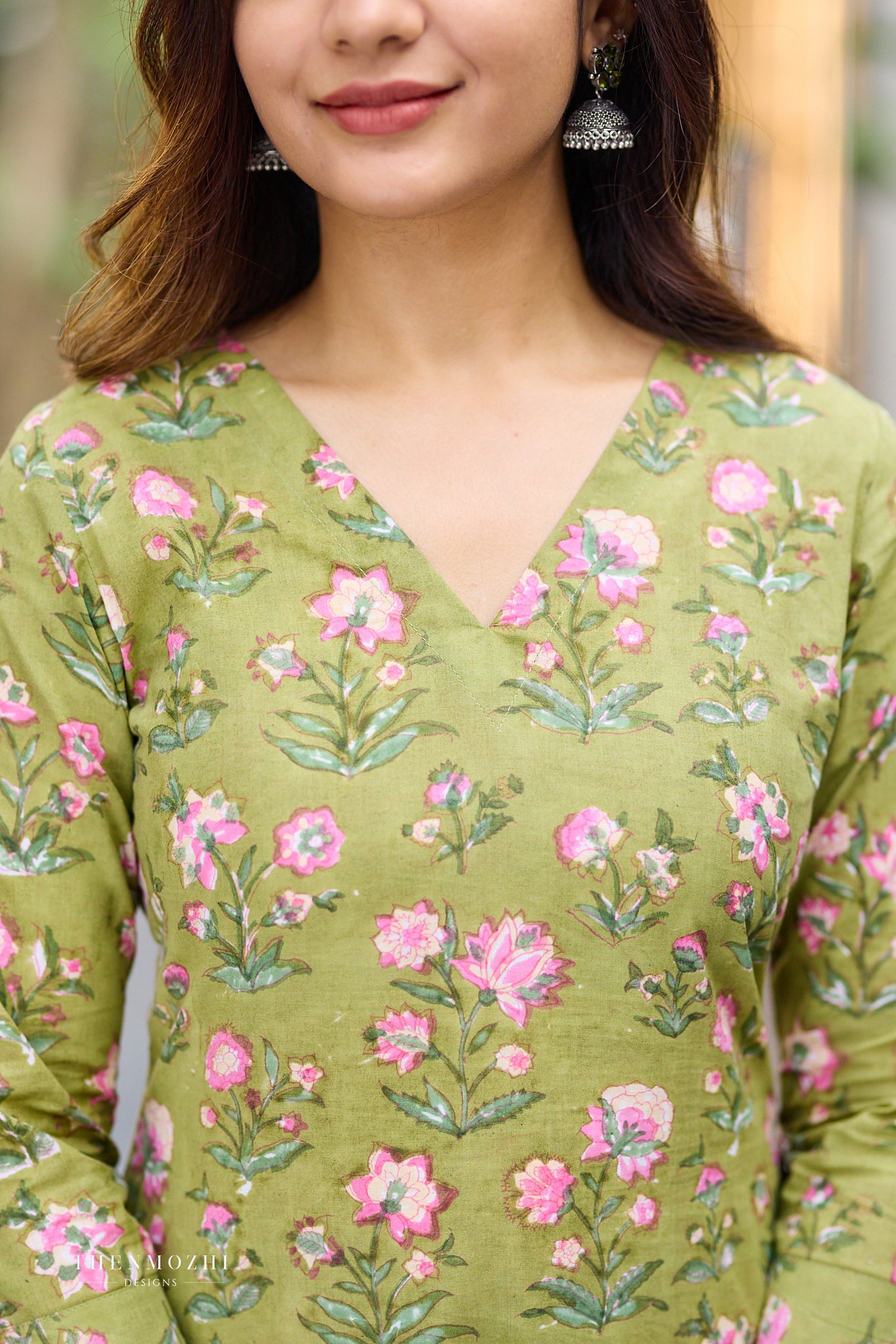 Fresh Olive Block Print Co-ord Set with Back Corset Lacing