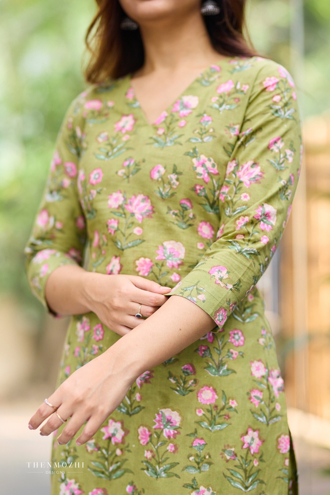 Fresh Olive Block Print Co-ord Set with Back Corset Lacing