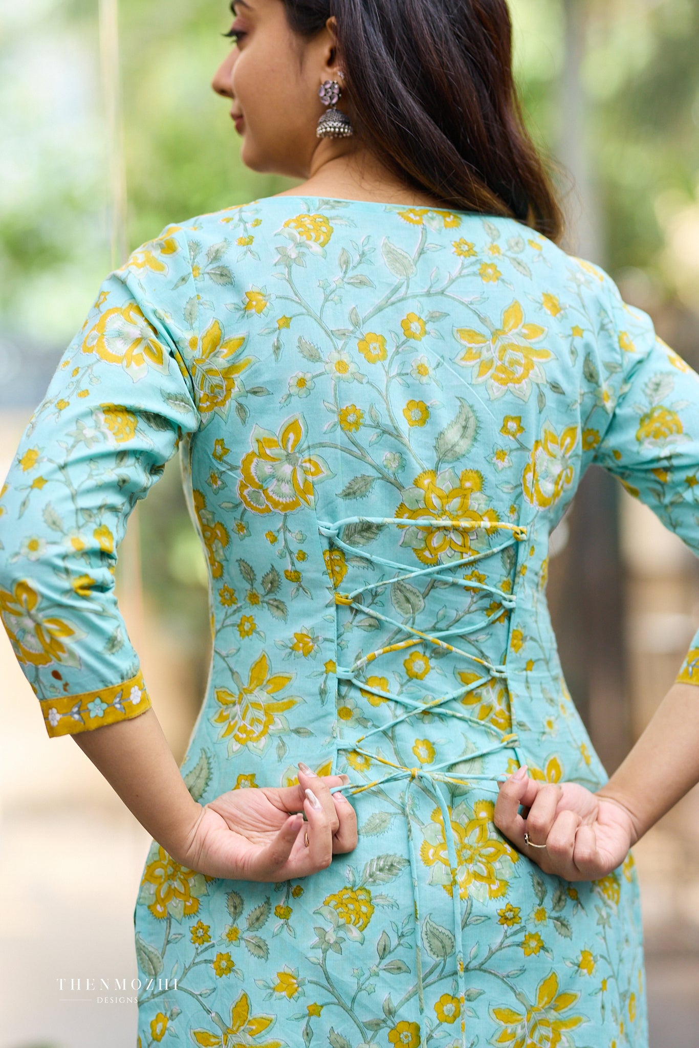 Aqua Bloom Floral Block Print Co-ord Set with Back Corset Lacing