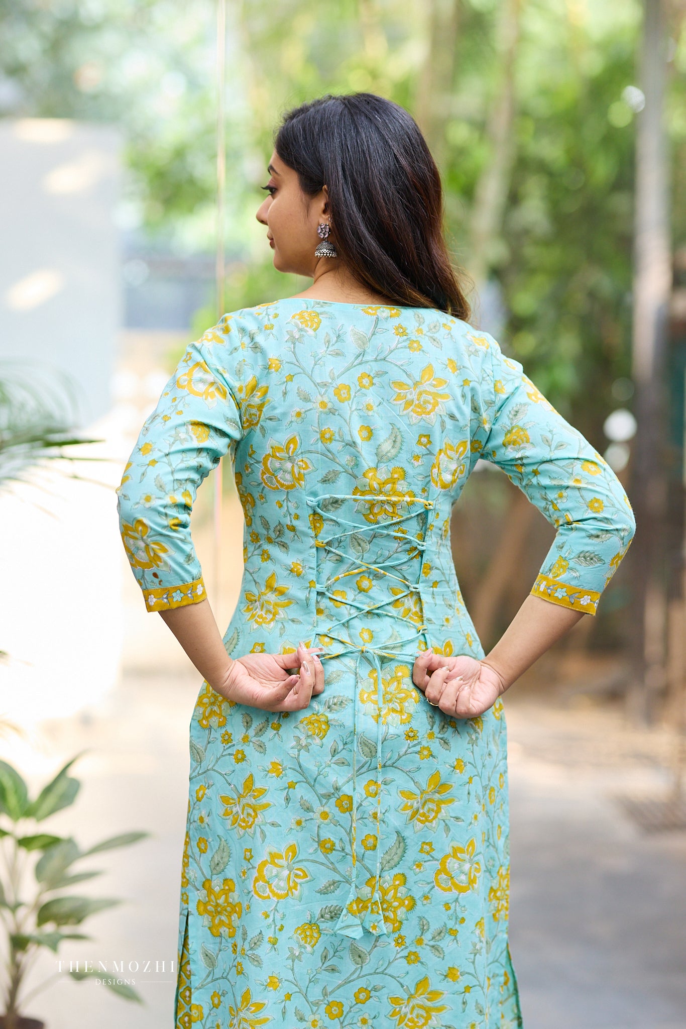 Aqua Bloom Floral Block Print Co-ord Set with Back Corset Lacing