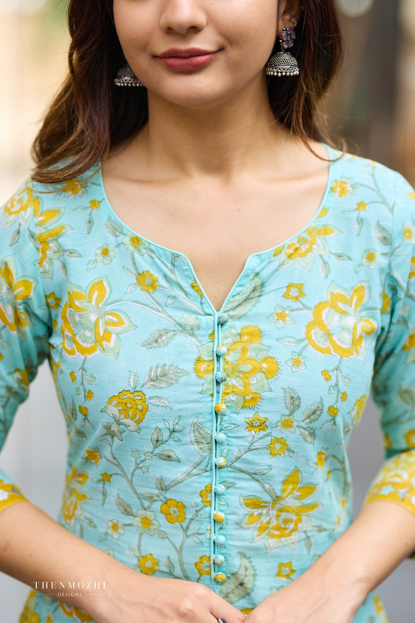 Aqua Bloom Floral Block Print Co-ord Set with Back Corset Lacing