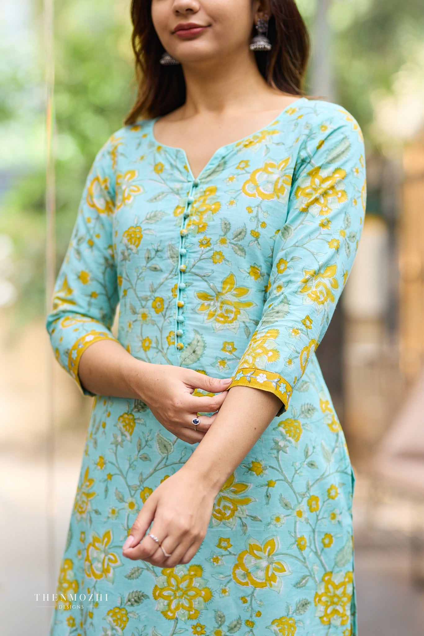 Aqua Bloom Floral Block Print Co-ord Set with Back Corset Lacing