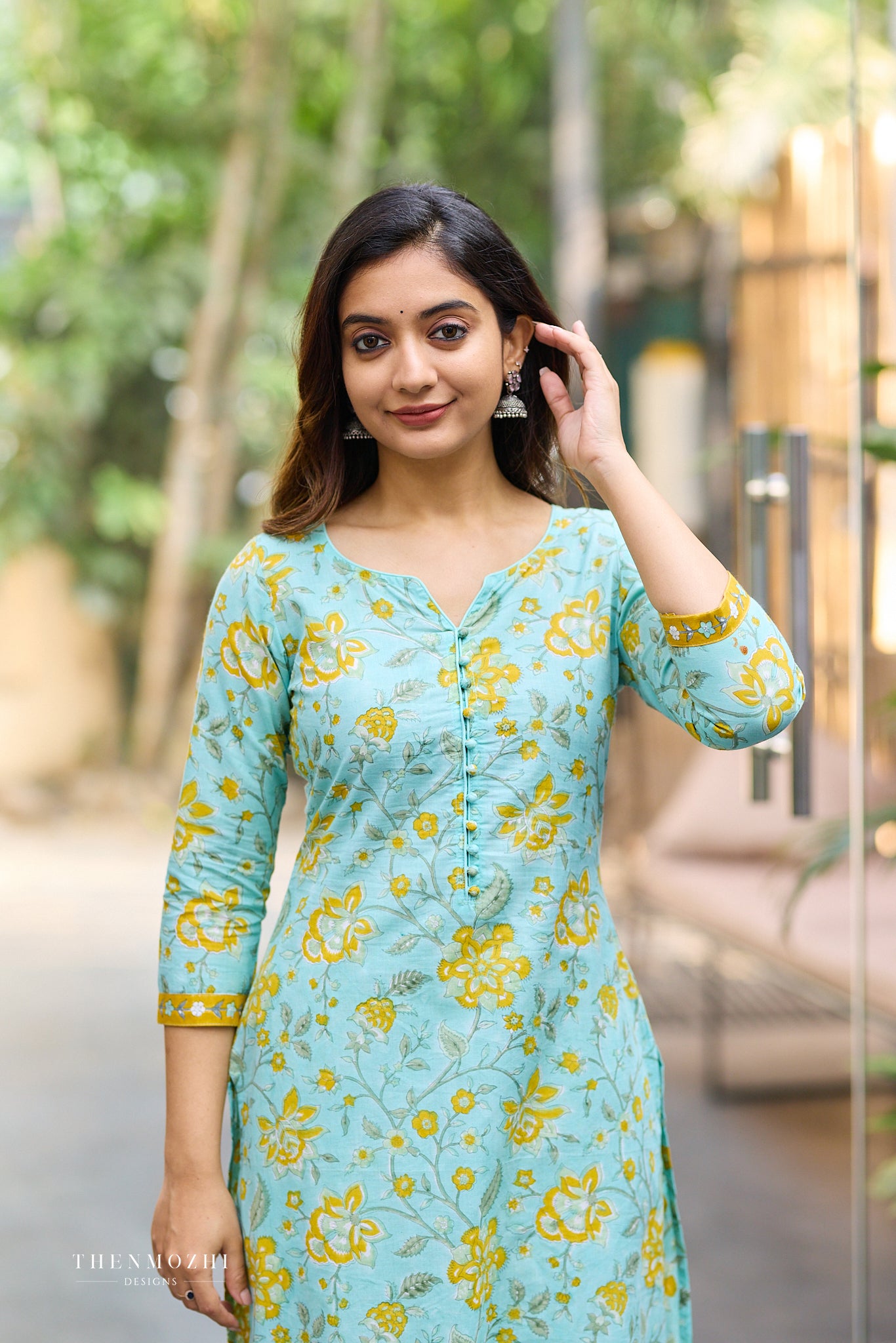 Aqua Bloom Floral Block Print Co-ord Set with Back Corset Lacing