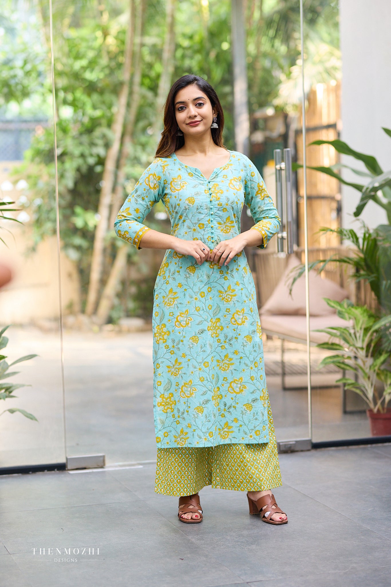 Aqua Bloom Floral Block Print Co-ord Set with Back Corset Lacing