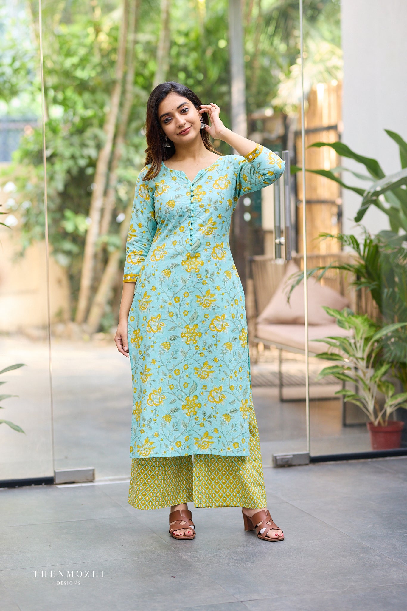 Aqua Bloom Floral Block Print Co-ord Set with Back Corset Lacing