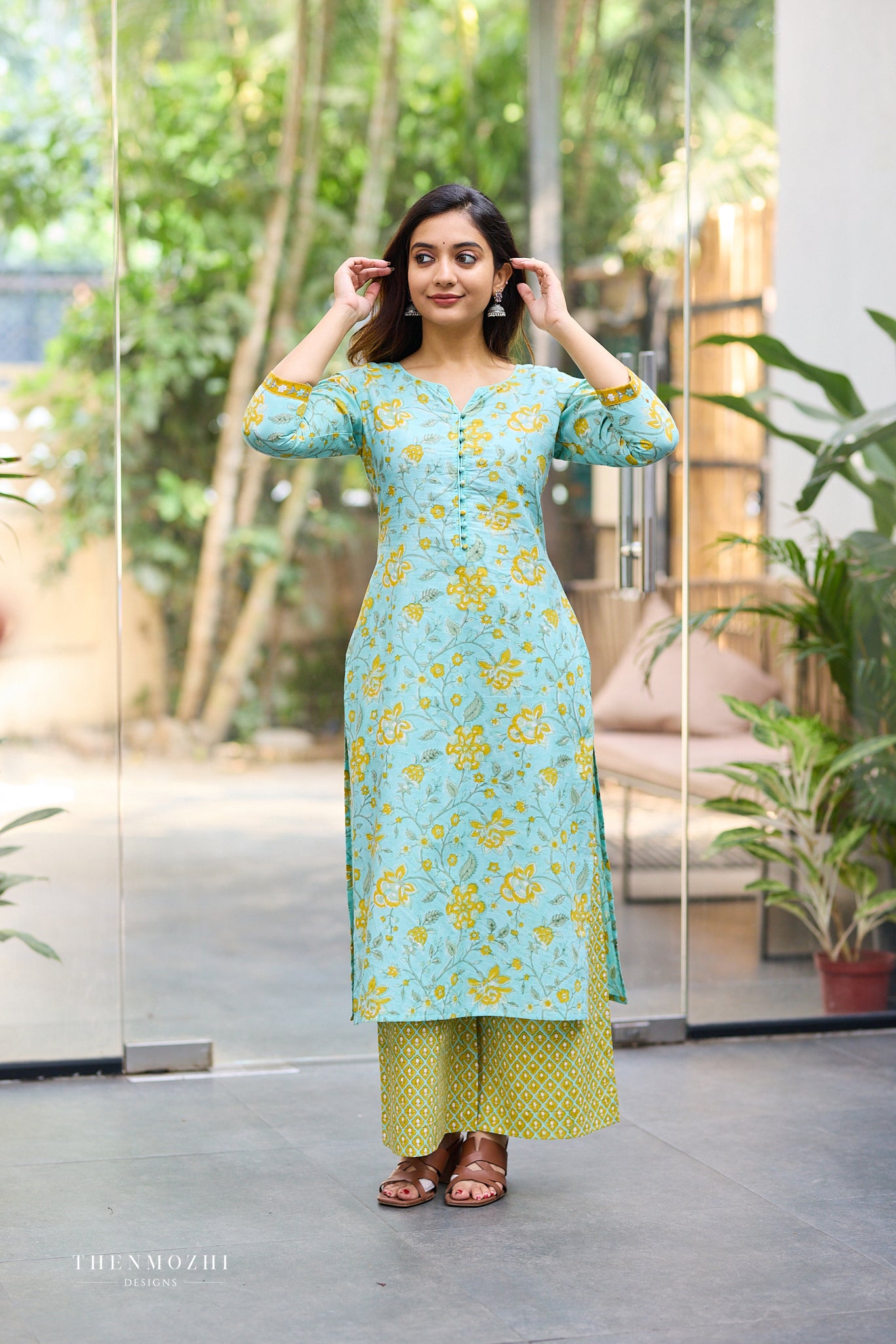 Aqua Bloom Floral Block Print Co-ord Set with Back Corset Lacing