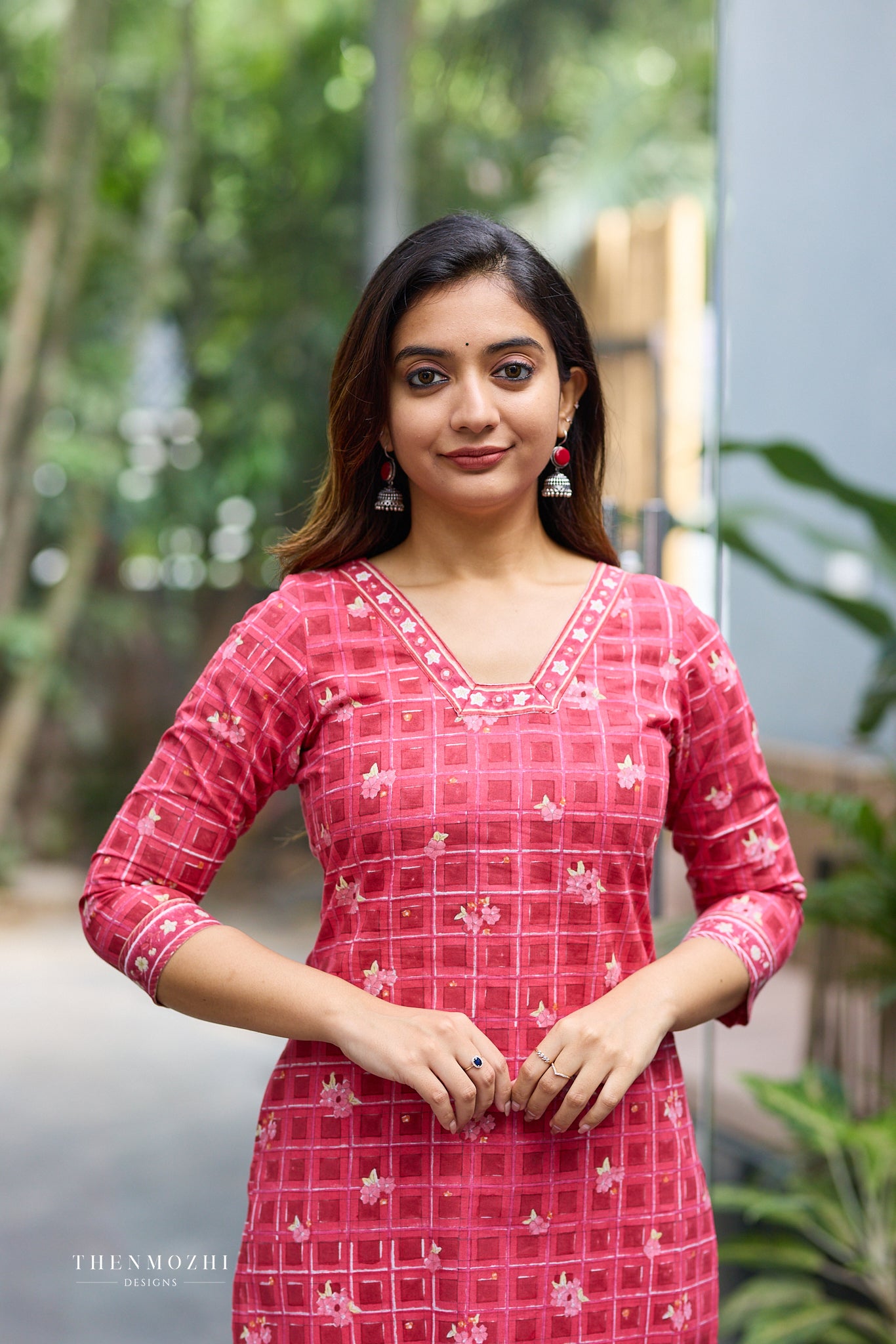 Deep Rose Red Pink Kurta with White Grid Checks and Floral Motifs