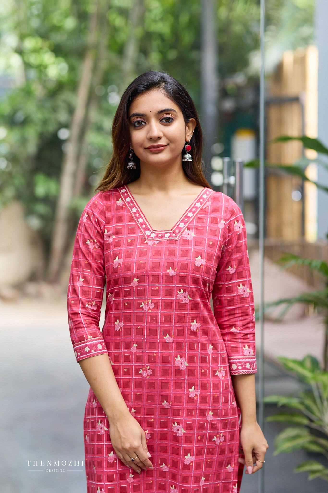Deep Rose Red Pink Kurta with White Grid Checks and Floral Motifs