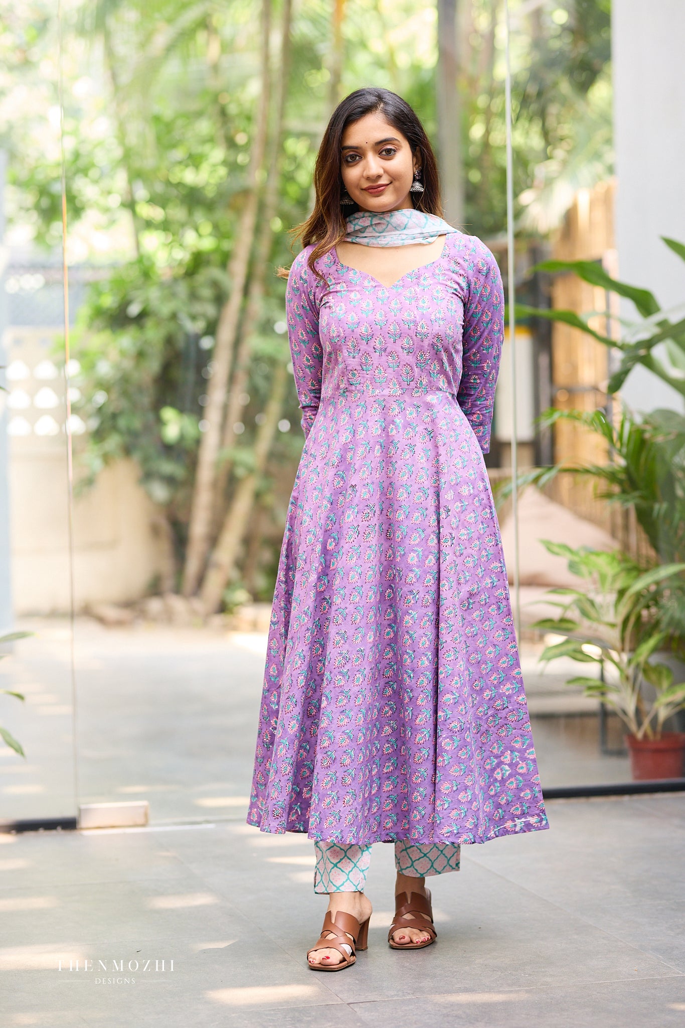 Lavender Purple Kurta with Teal and Pink Floral Block Print Anarkali Set