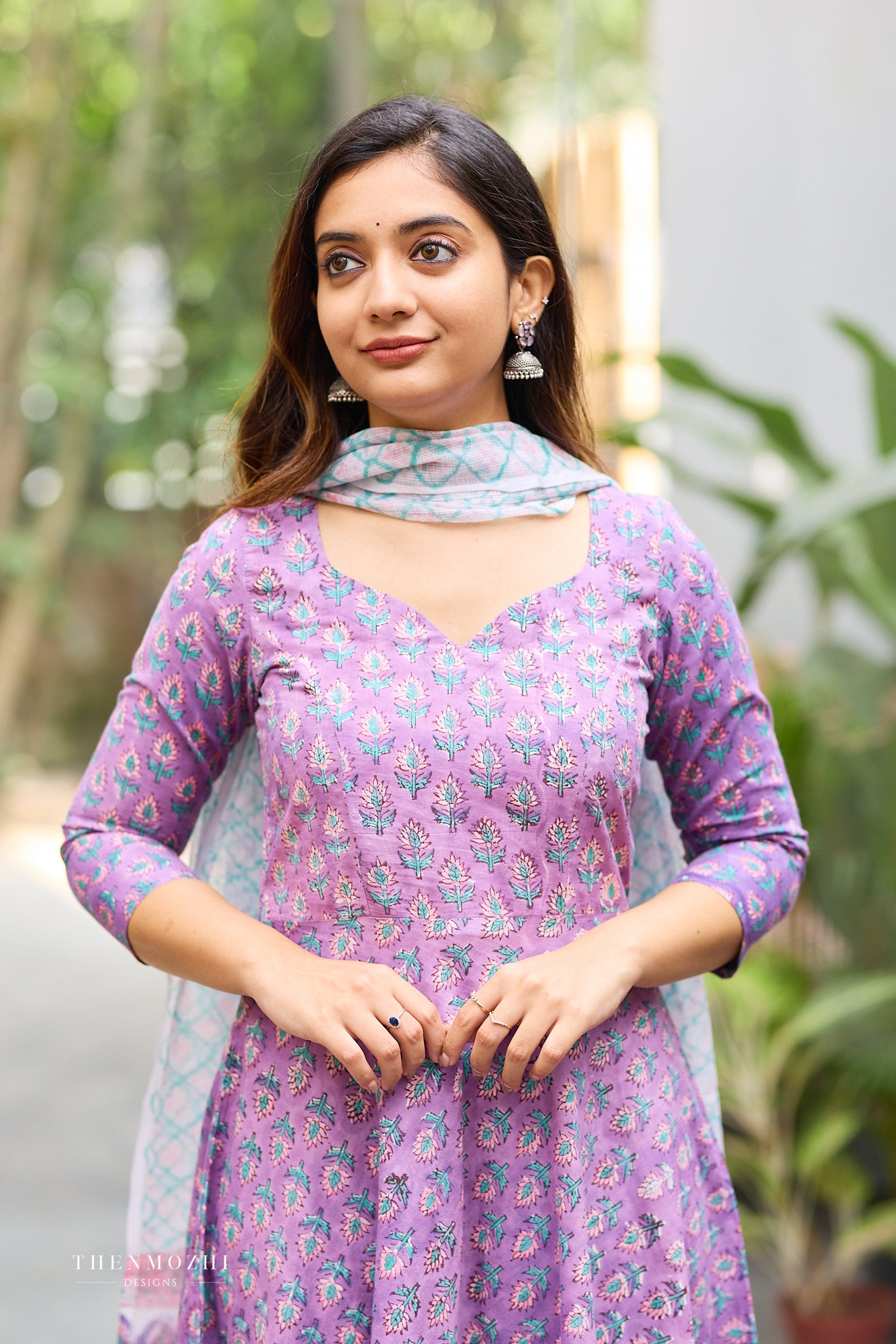 Lavender Purple Kurta with Teal and Pink Floral Block Print Anarkali Set