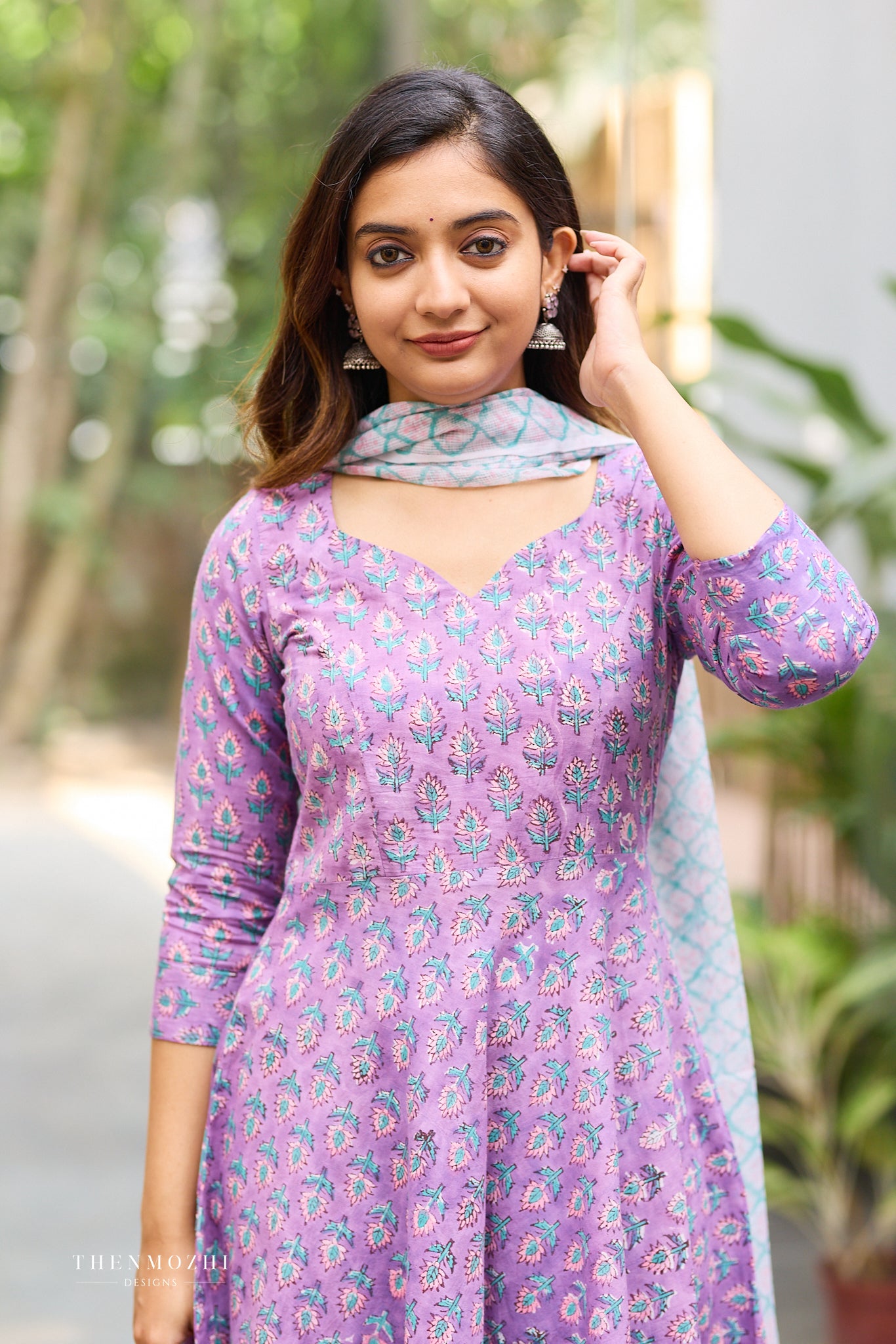 Lavender Purple Kurta with Teal and Pink Floral Block Print Anarkali Set