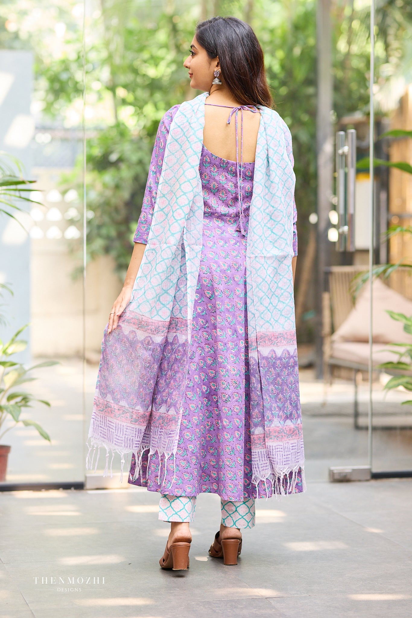Lavender Purple Kurta with Teal and Pink Floral Block Print Anarkali Set