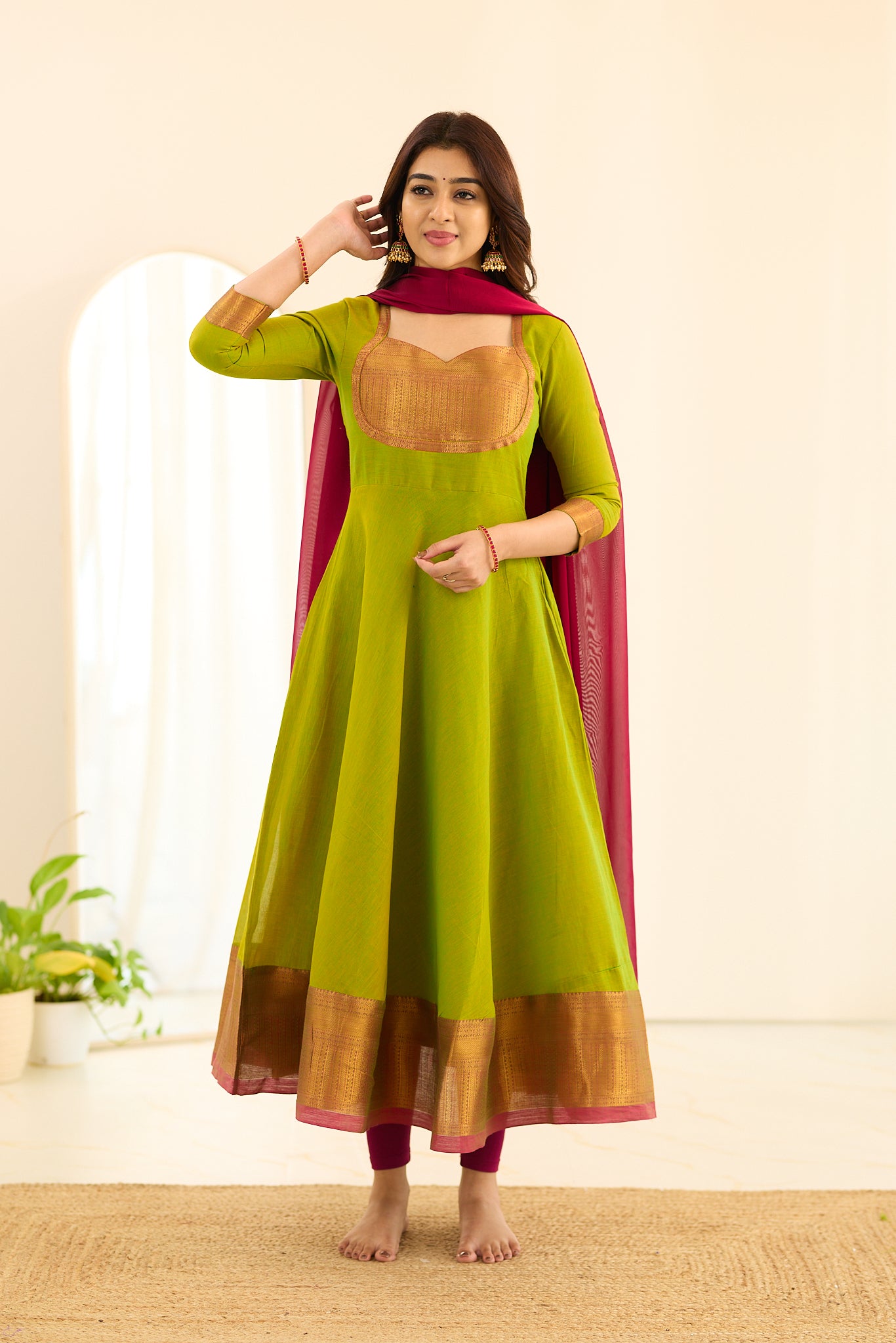 Parrot Green Chettinad Cotton Anarkali