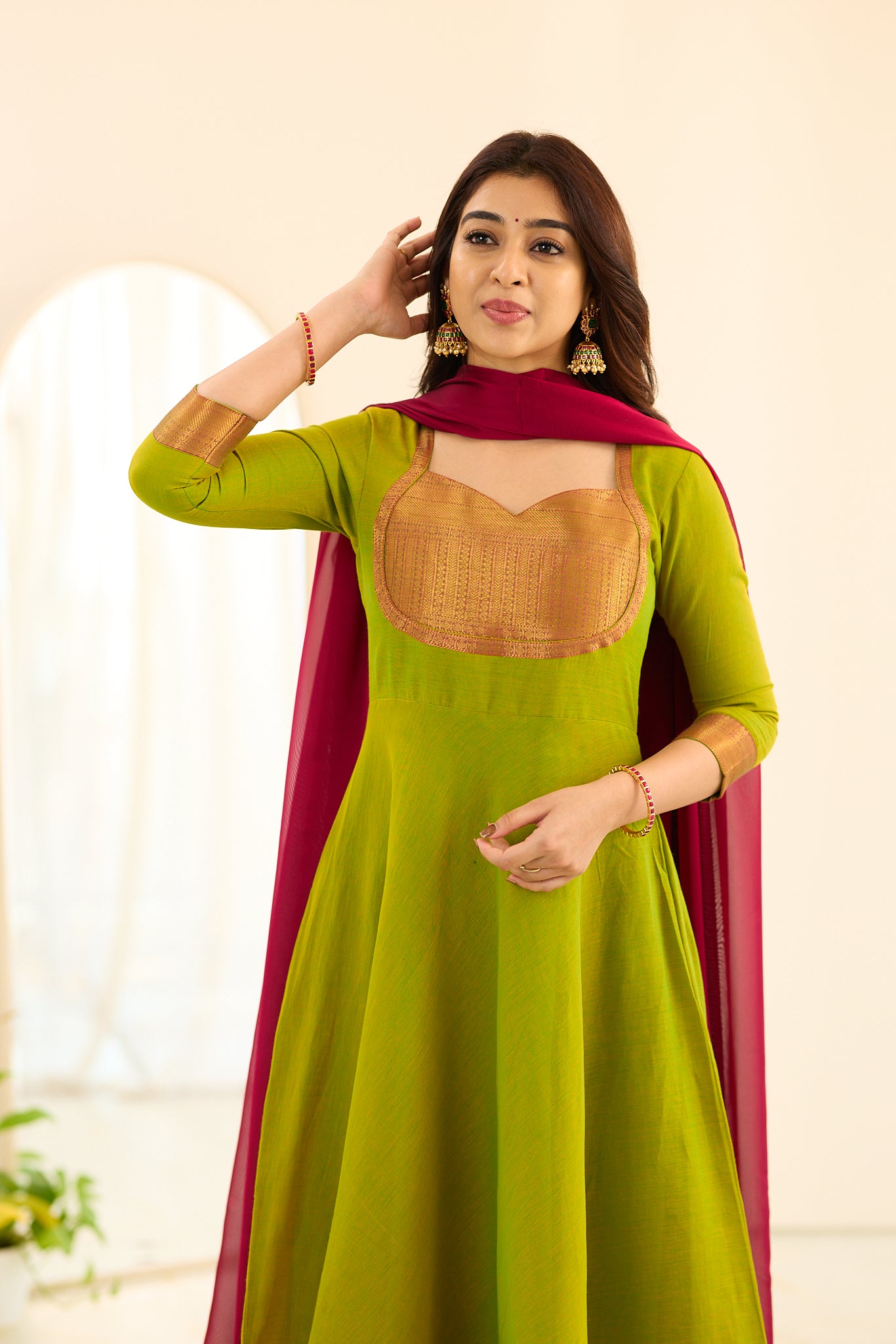 Parrot Green Chettinad Cotton Anarkali