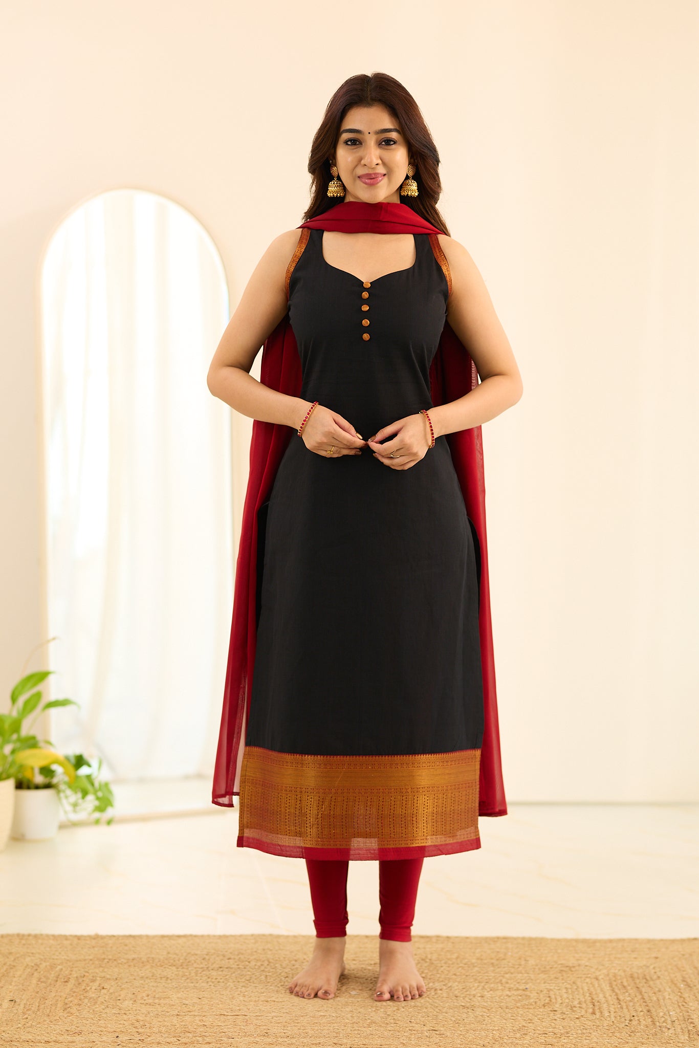 Coal Black with Red Golden Border Chettinad Cotton Salwar