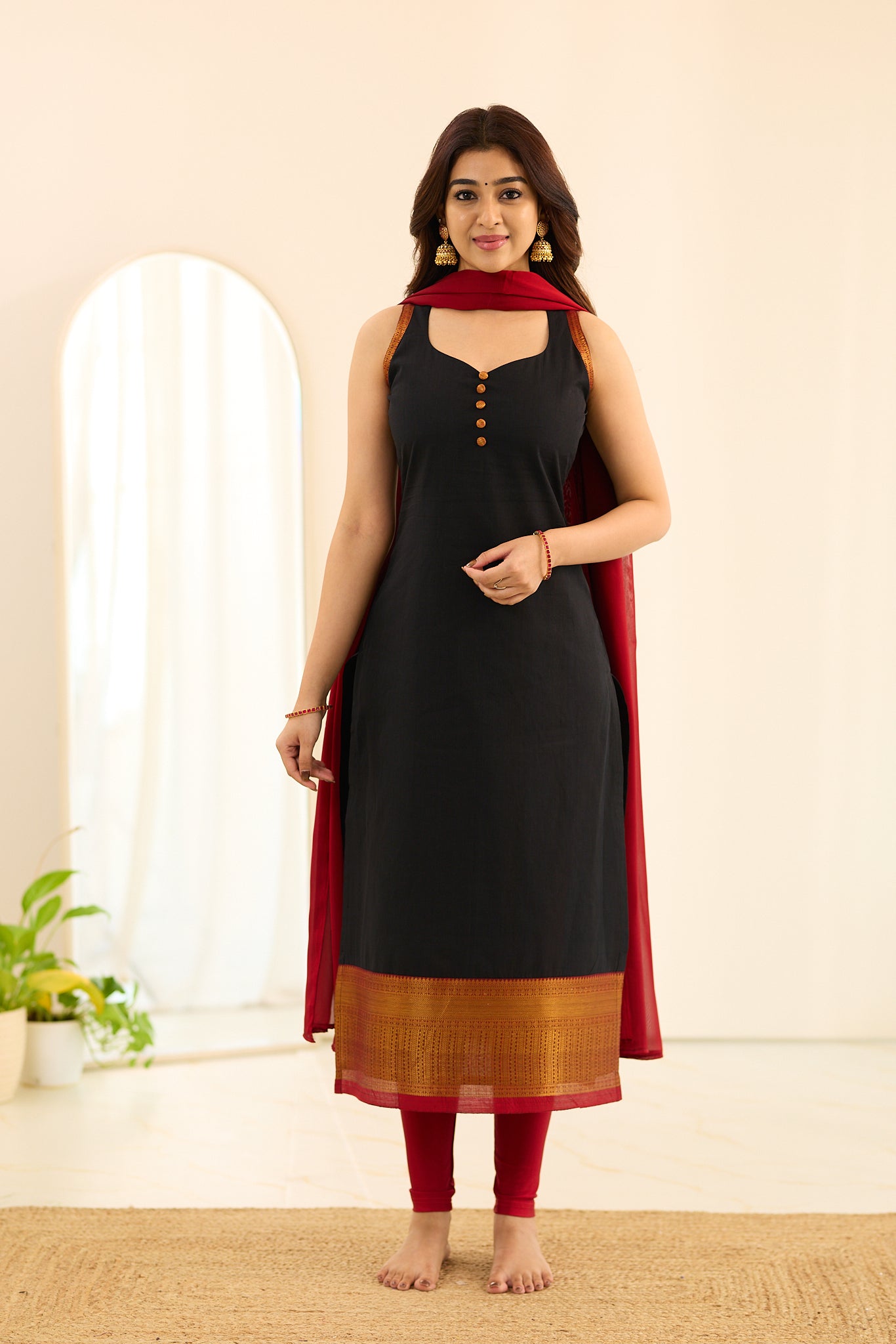 Coal Black with Red Golden Border Chettinad Cotton Salwar