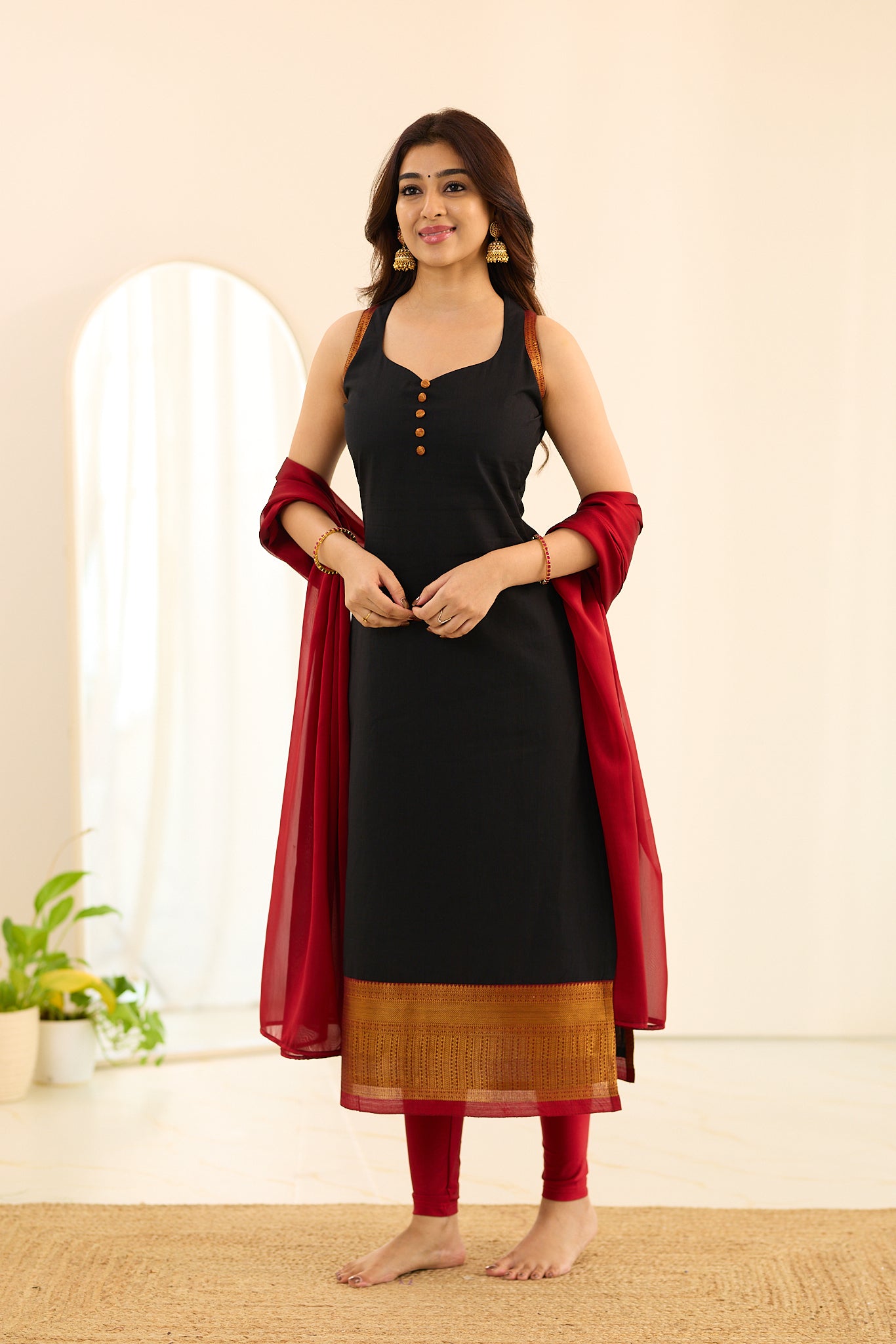 Coal Black with Red Golden Border Chettinad Cotton Salwar