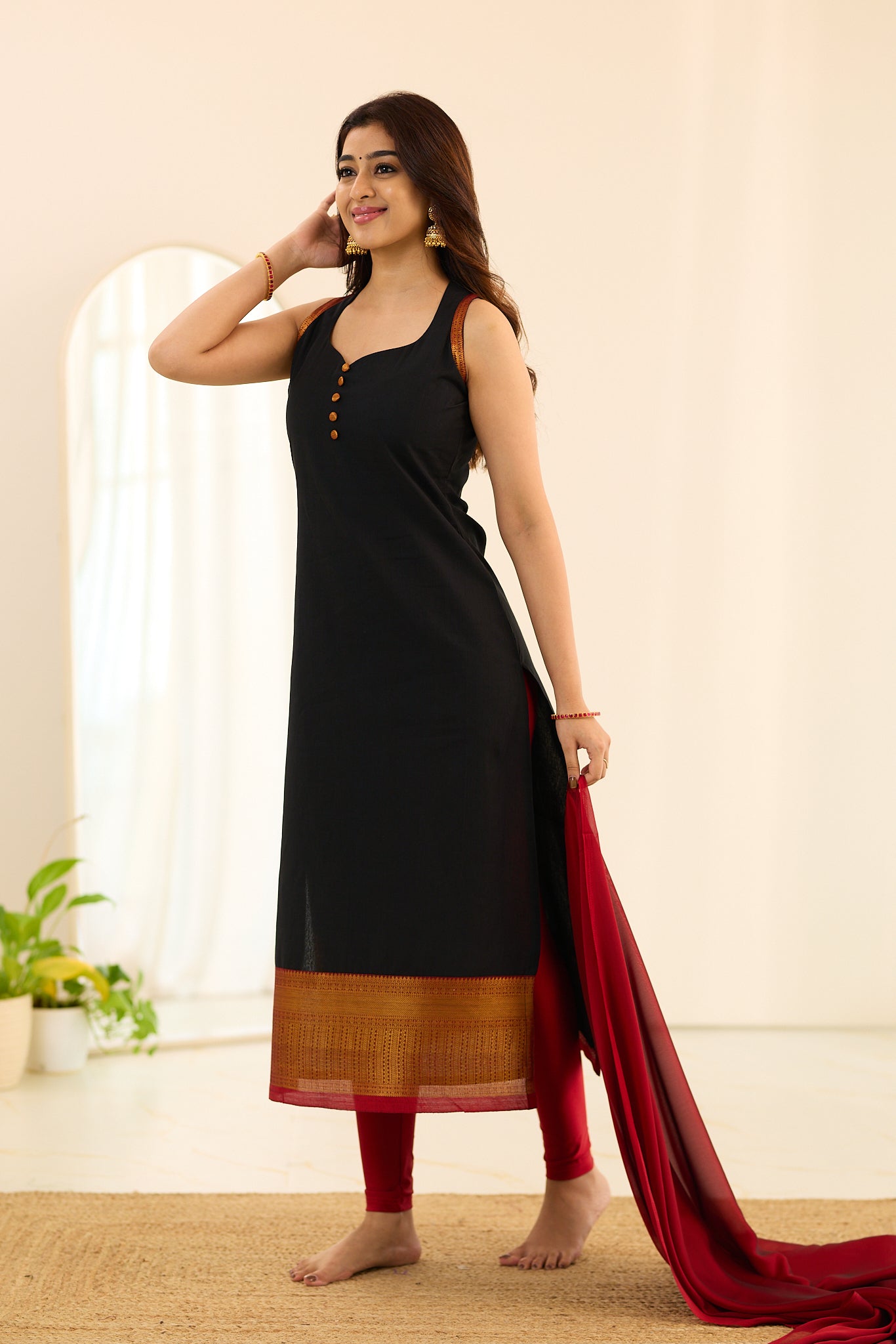 Coal Black with Red Golden Border Chettinad Cotton Salwar
